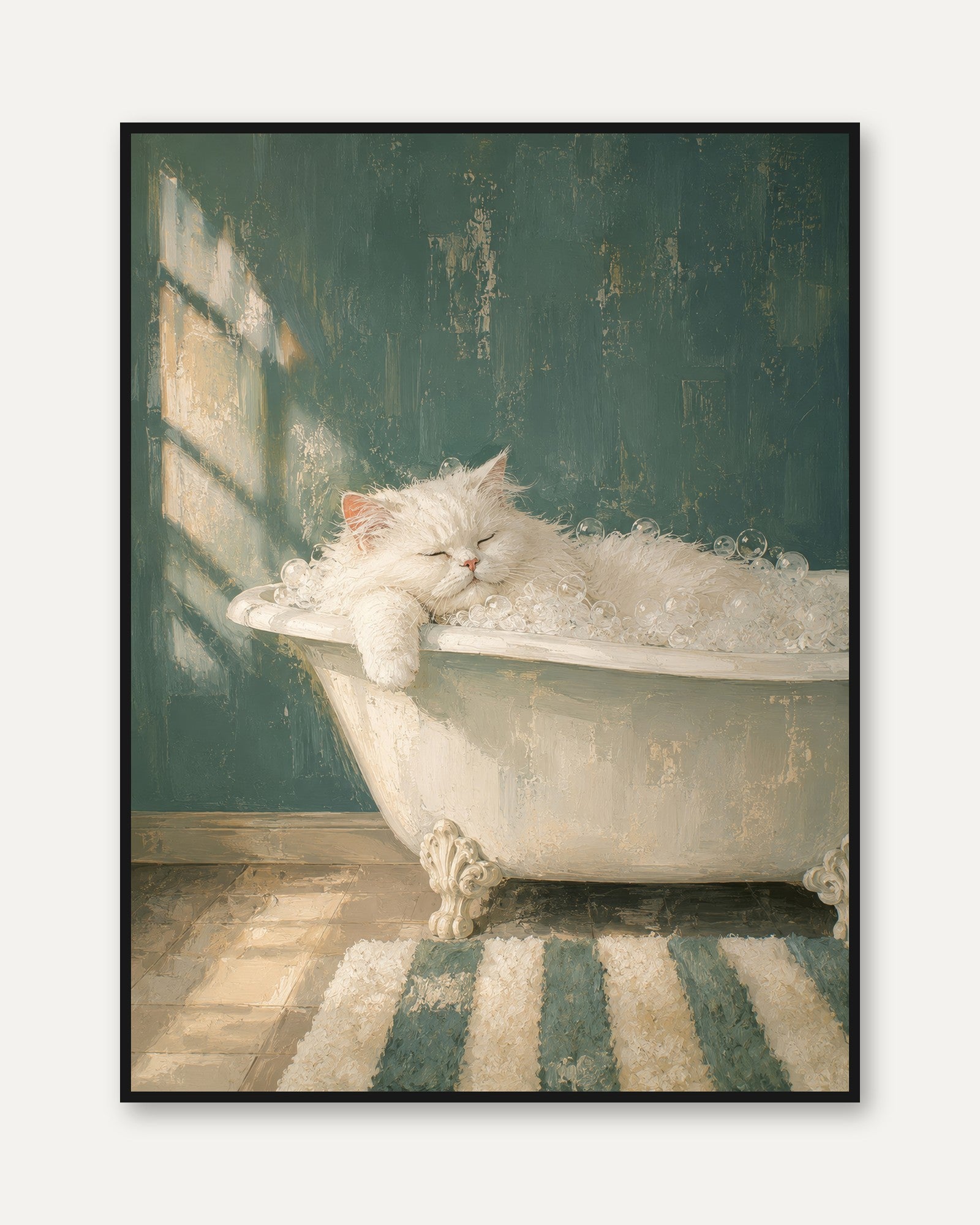Fluffy Cat Bath Wall Art - framed