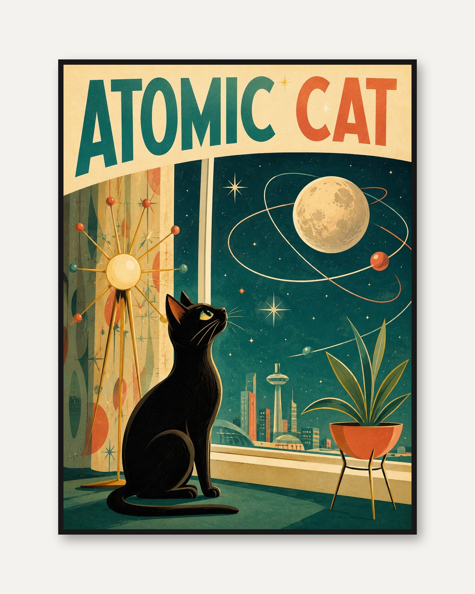 Mid Century Cat Poster – Retro Space Art - framed