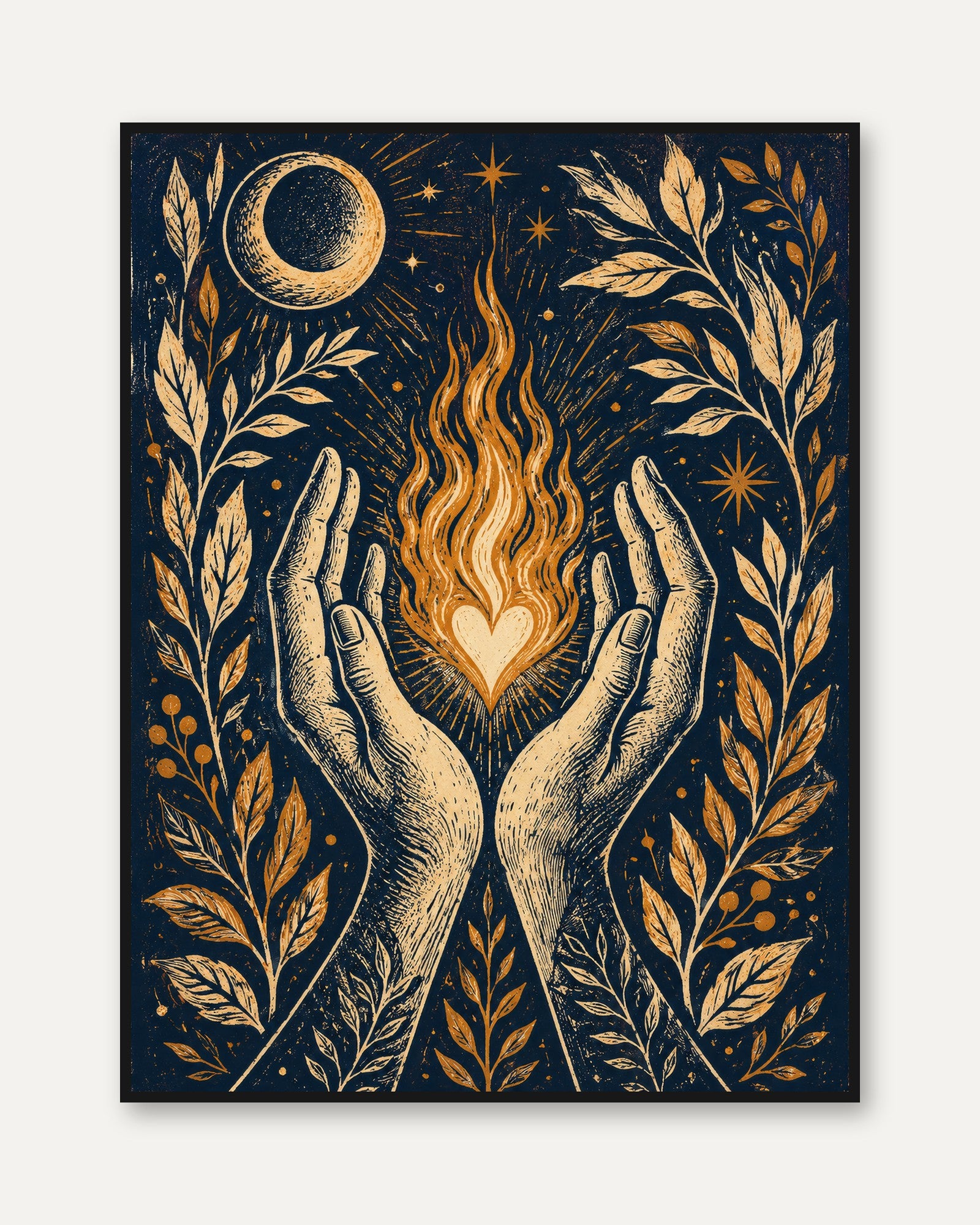Celestial Hands Print — Mystical Flaming Heart - framed
