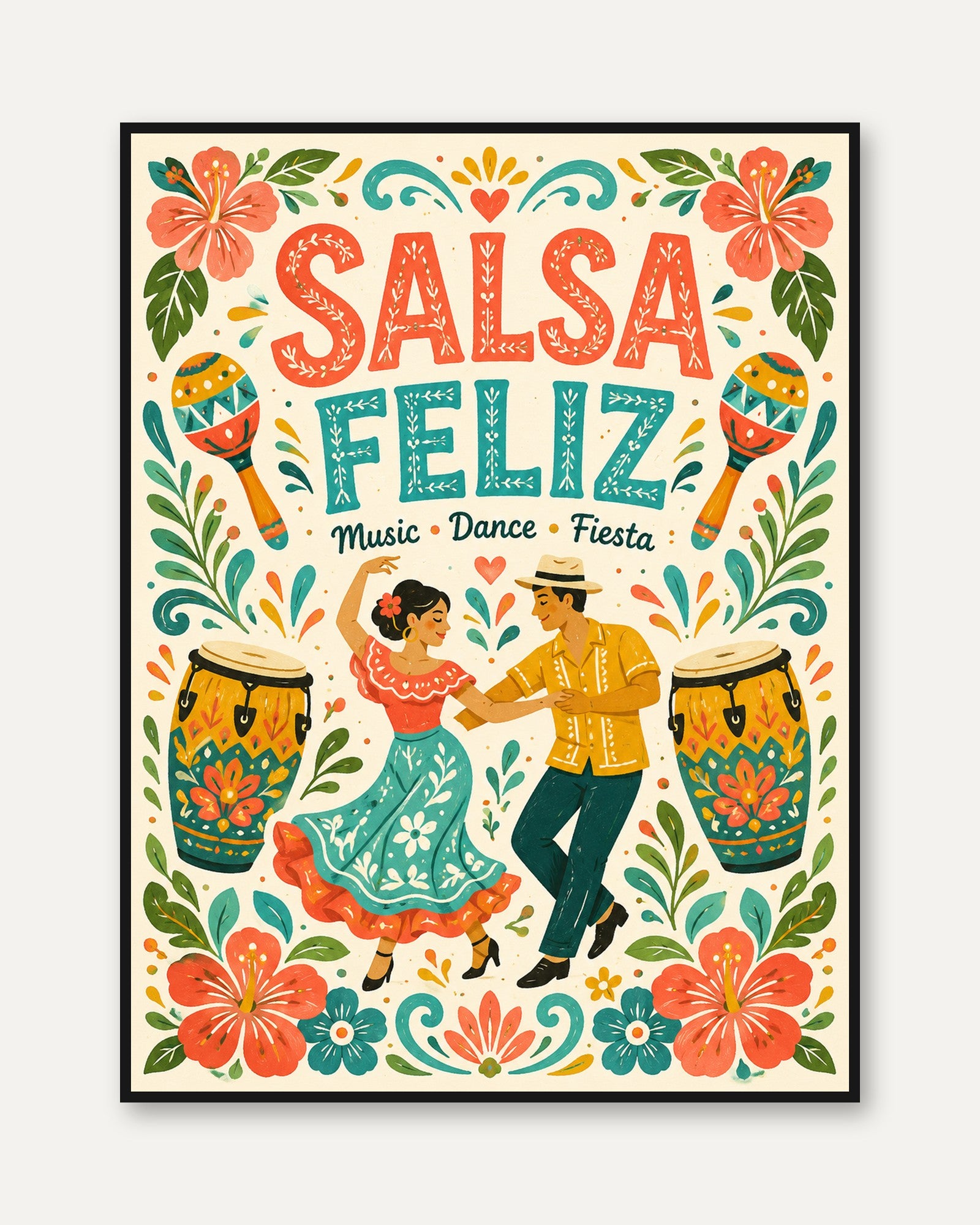 Folk Art Poster – Salsa Dance Print - framed