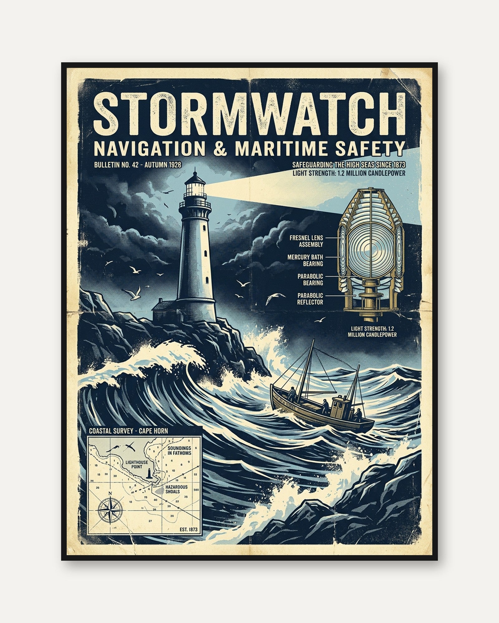 Vintage Maritime Storm Lighthouse Poster: Nautical Safety Art - framed