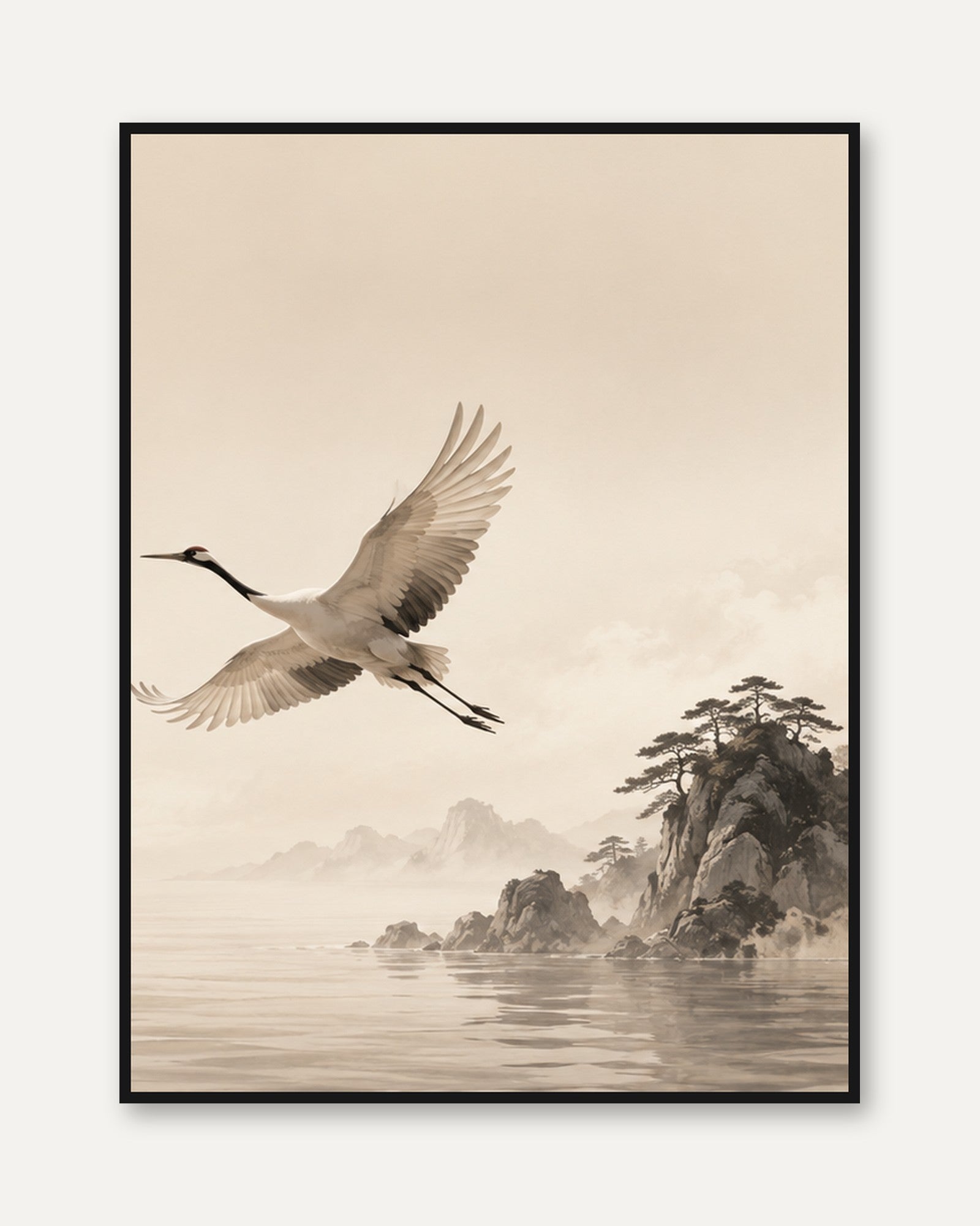 Flying Crane Over Misty Mountains: East Asian Ink Wash Art Print - framed