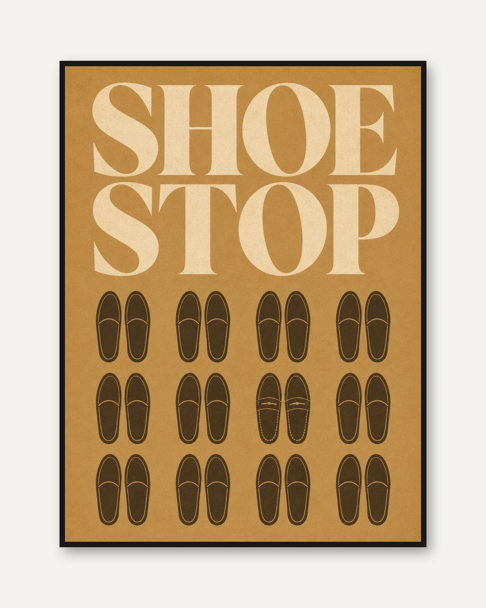 Retro Loafer Wall Art: Vintage Shoe Print in Mustard Tones - framed