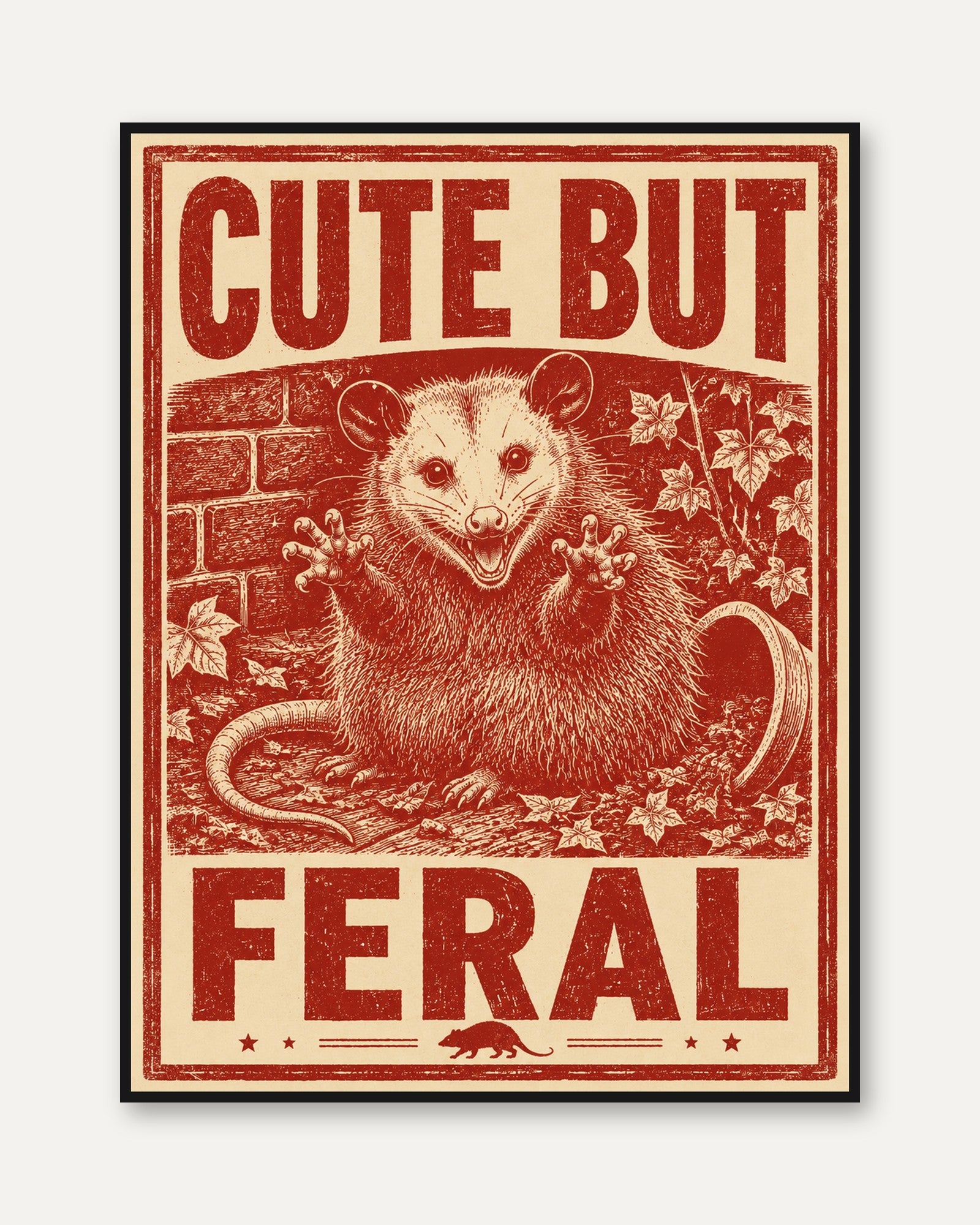 Cute But Feral Opossum Print: Vintage Red Propaganda Poster Art - framed