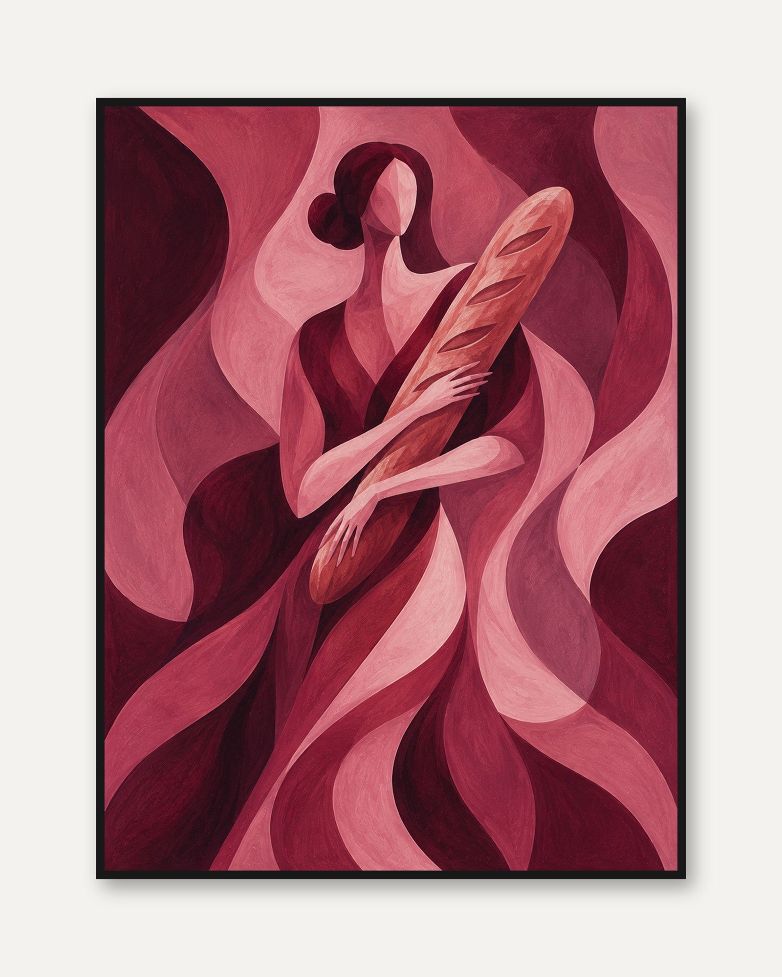 Abstract Woman with Feather: Art Deco Pink Flowing Forms Print - framed