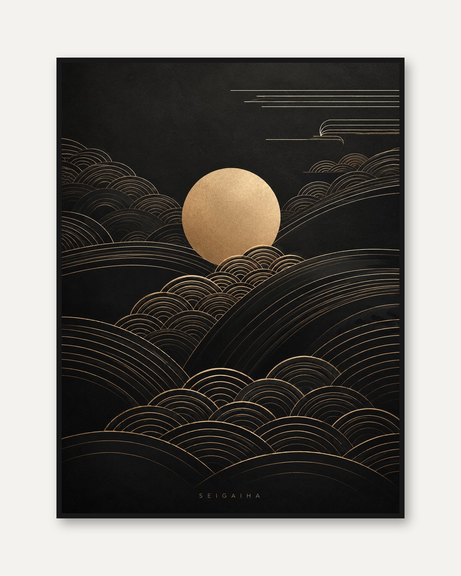 Moon Art Print: Japanese Seigaiha Wave Design (Gold on Black) - framed