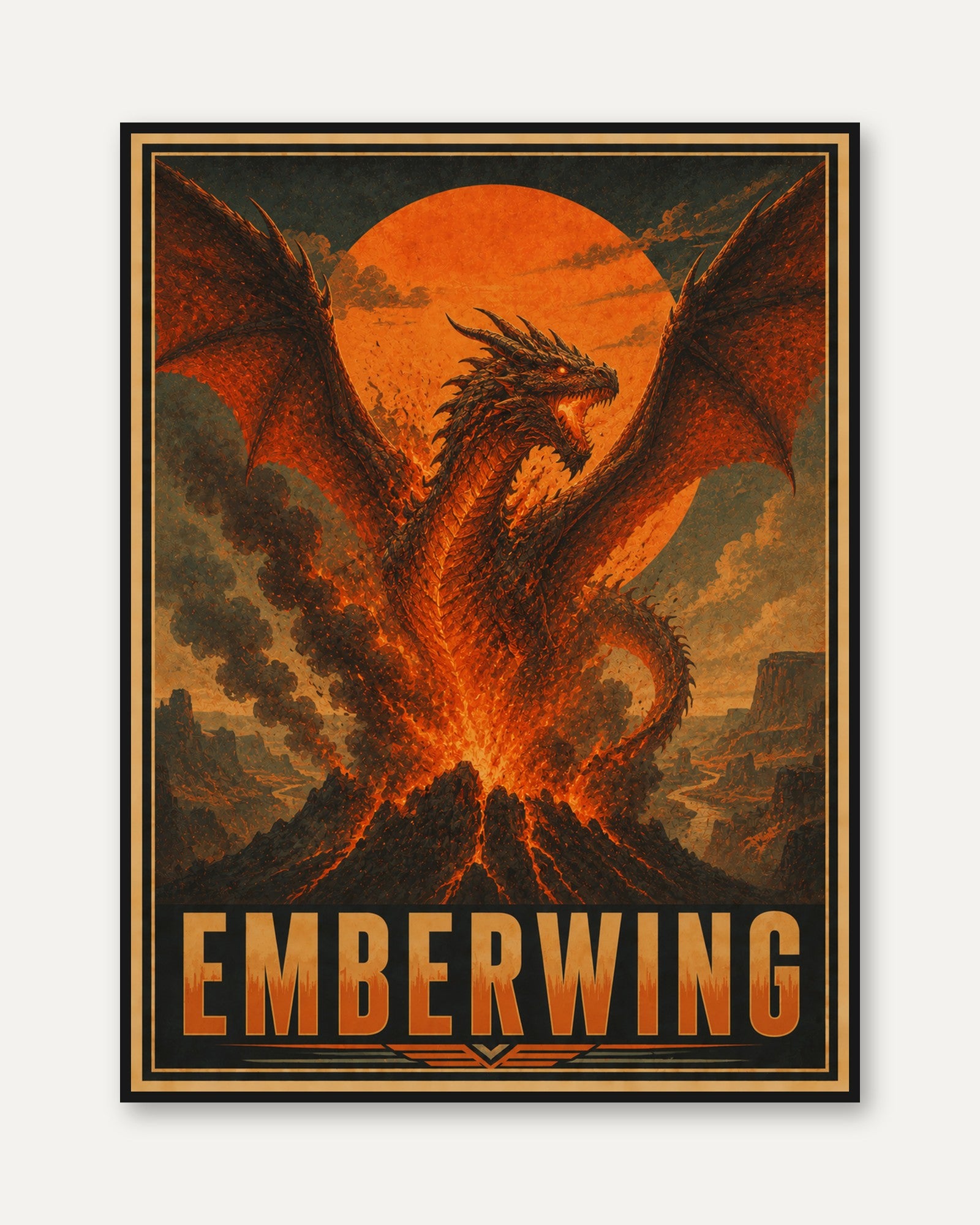 Ember Dragon Rising From Volcano: Vintage Fantasy Art Print - framed