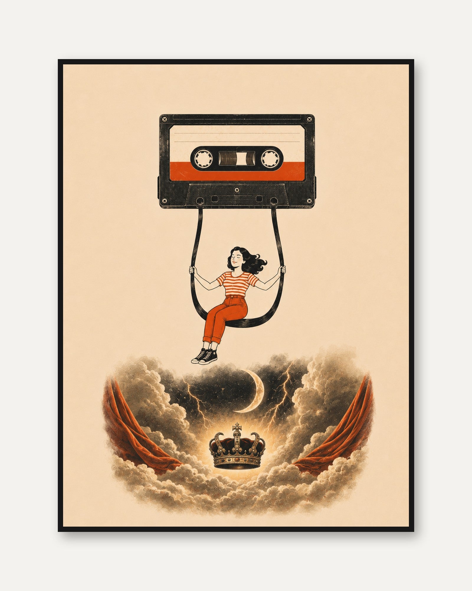 Retro Cassette Tape Swing Art Print: Surreal Music Nostalgia - framed