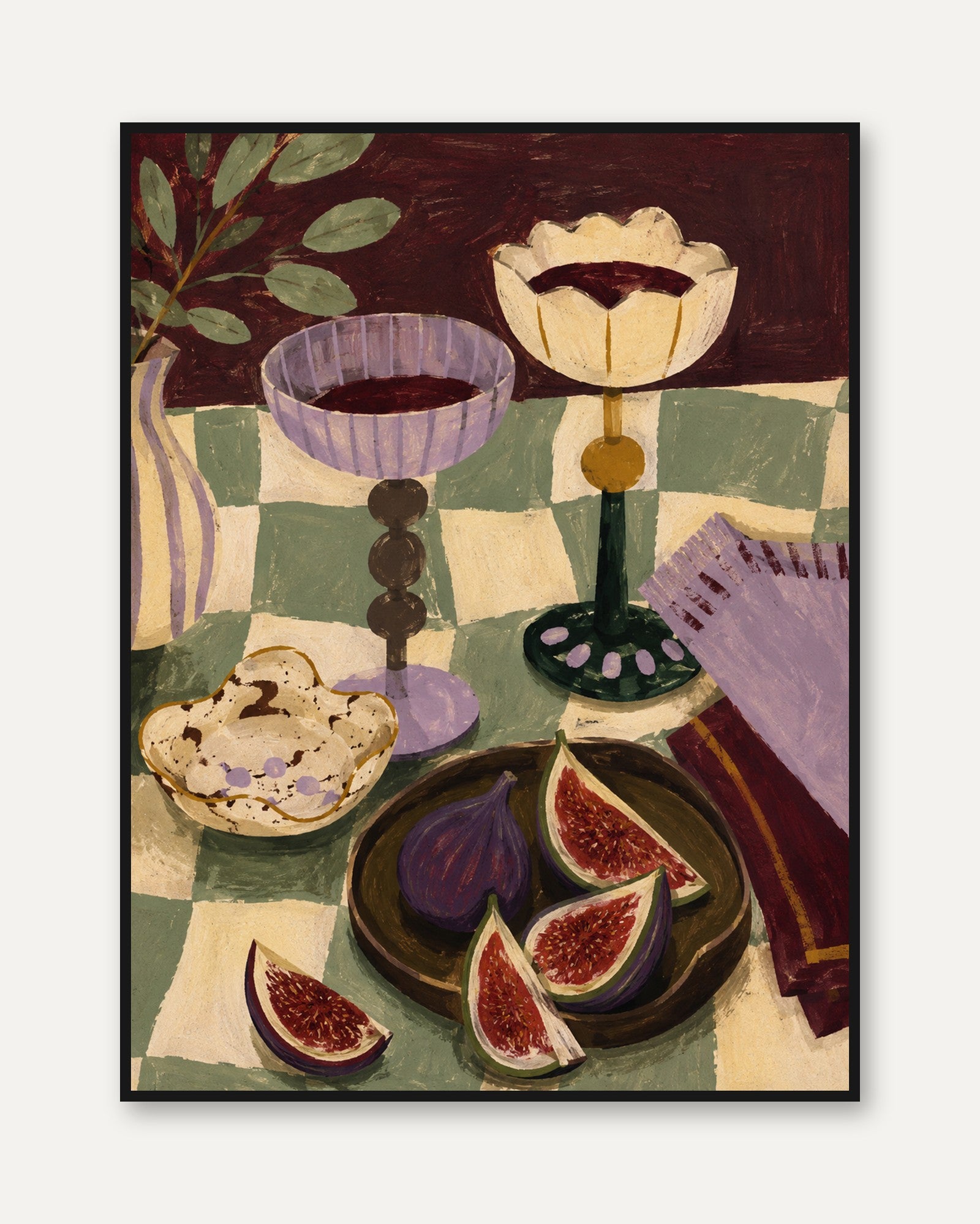 Still Life with Figs and Goblets: Modernist Table Setting Art - framed
