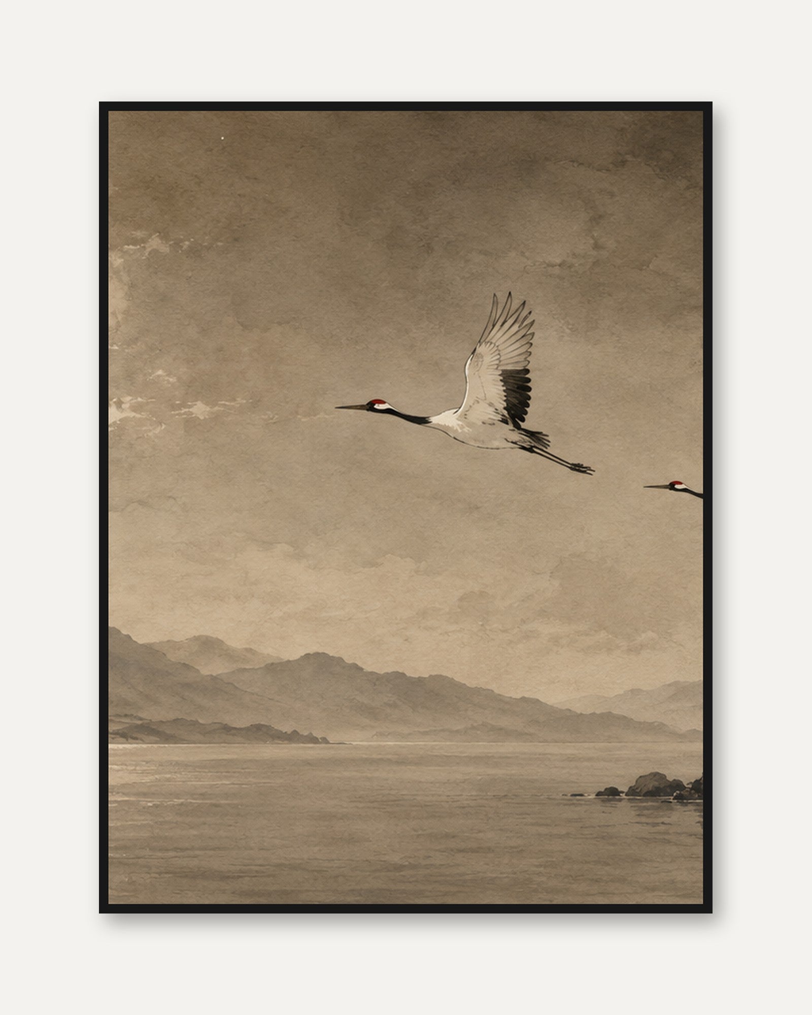 Flying Cranes Art Print: Japanese Style Sepia Landscape - framed