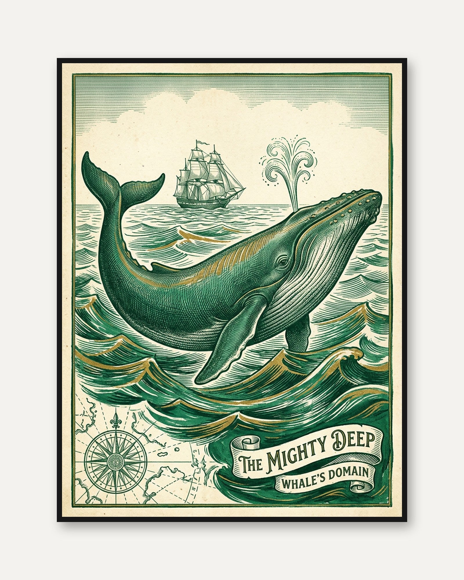 Whale Wall Art: Vintage Nautical Print - framed