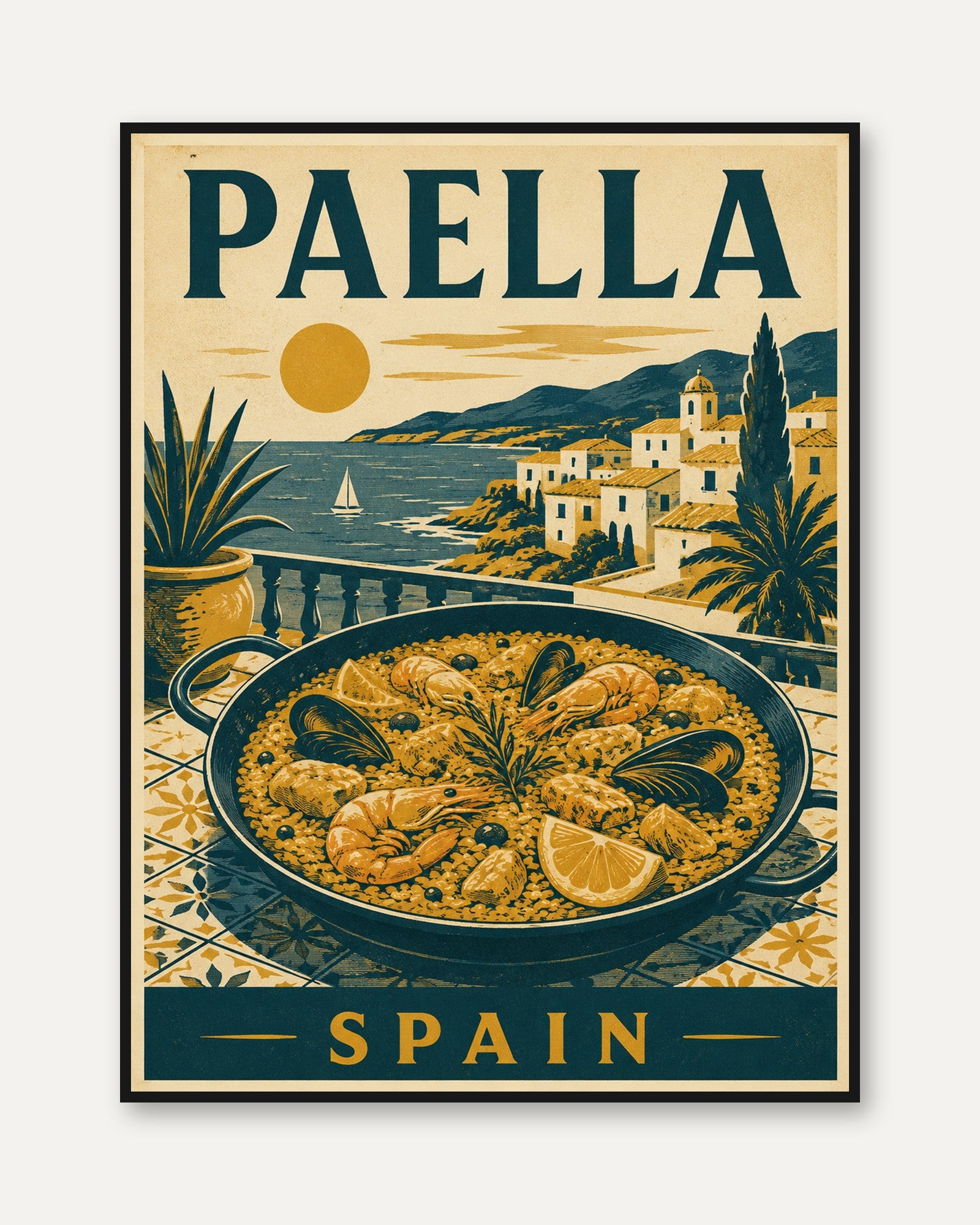 Paella Travel Poster: Vintage Spanish Coastal Kitchen Art - framed