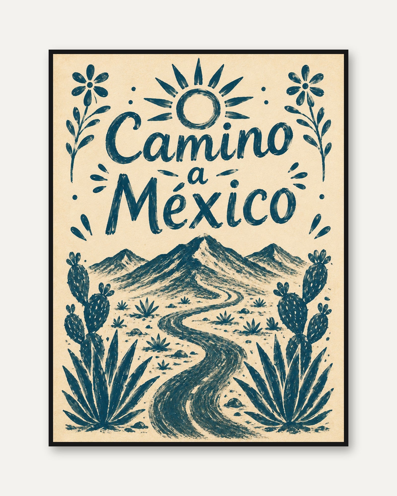 Camino a Mexico Poster: Vintage Travel Desert Landscape Art - framed