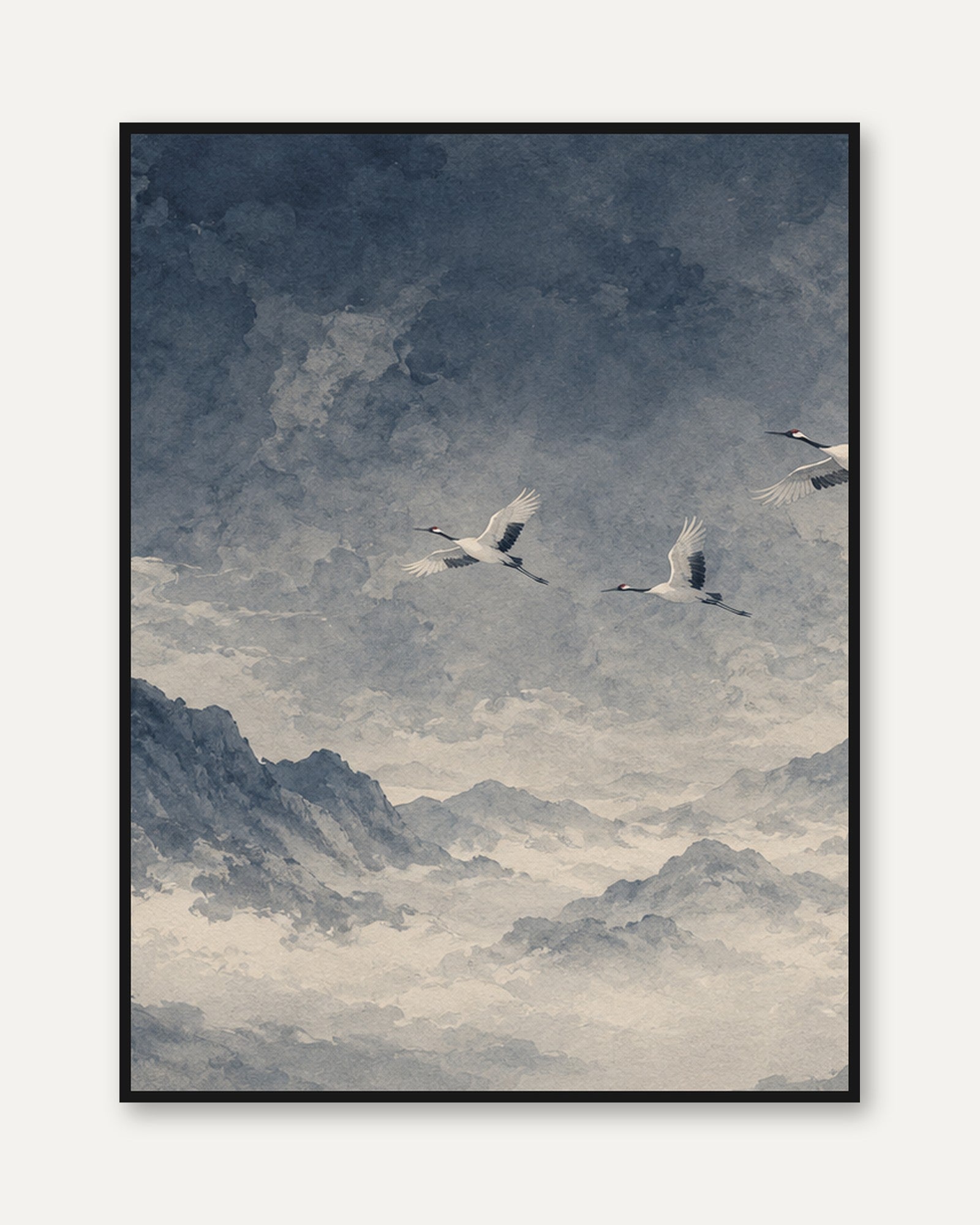 Flying Cranes Art Print: Watercolor Mountain Landscape - framed