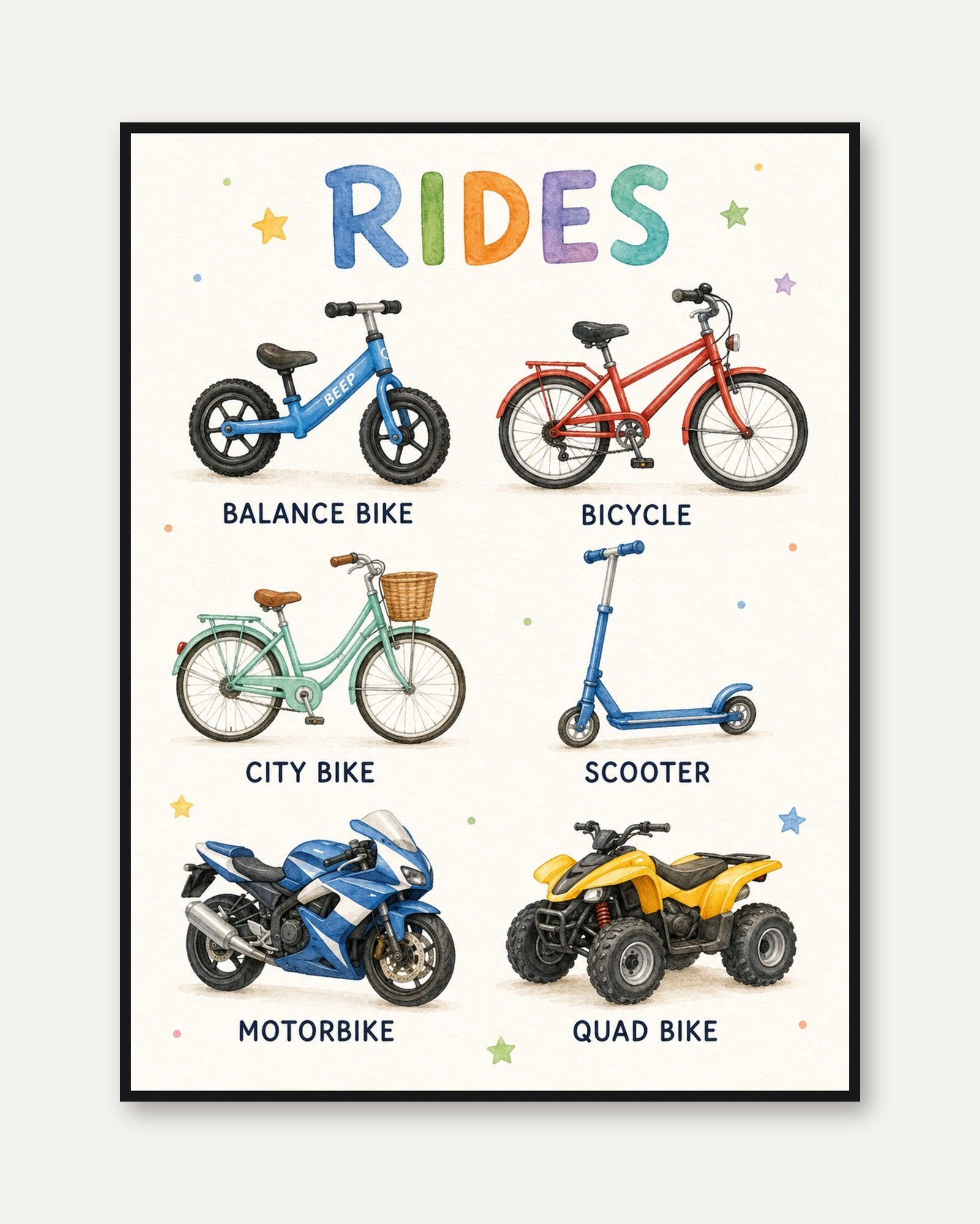 Types of Rides Print: Balance Bike – Scooter - framed