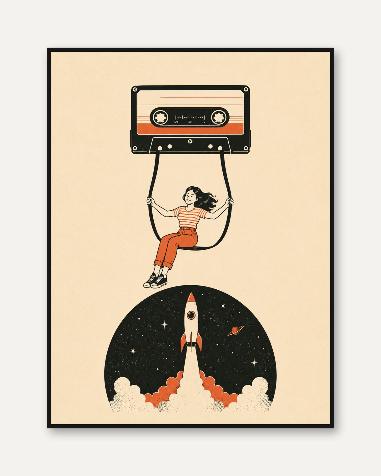 Cassette Tape Wall Art: Nostalgic 80s Music & Rocket Design - framed