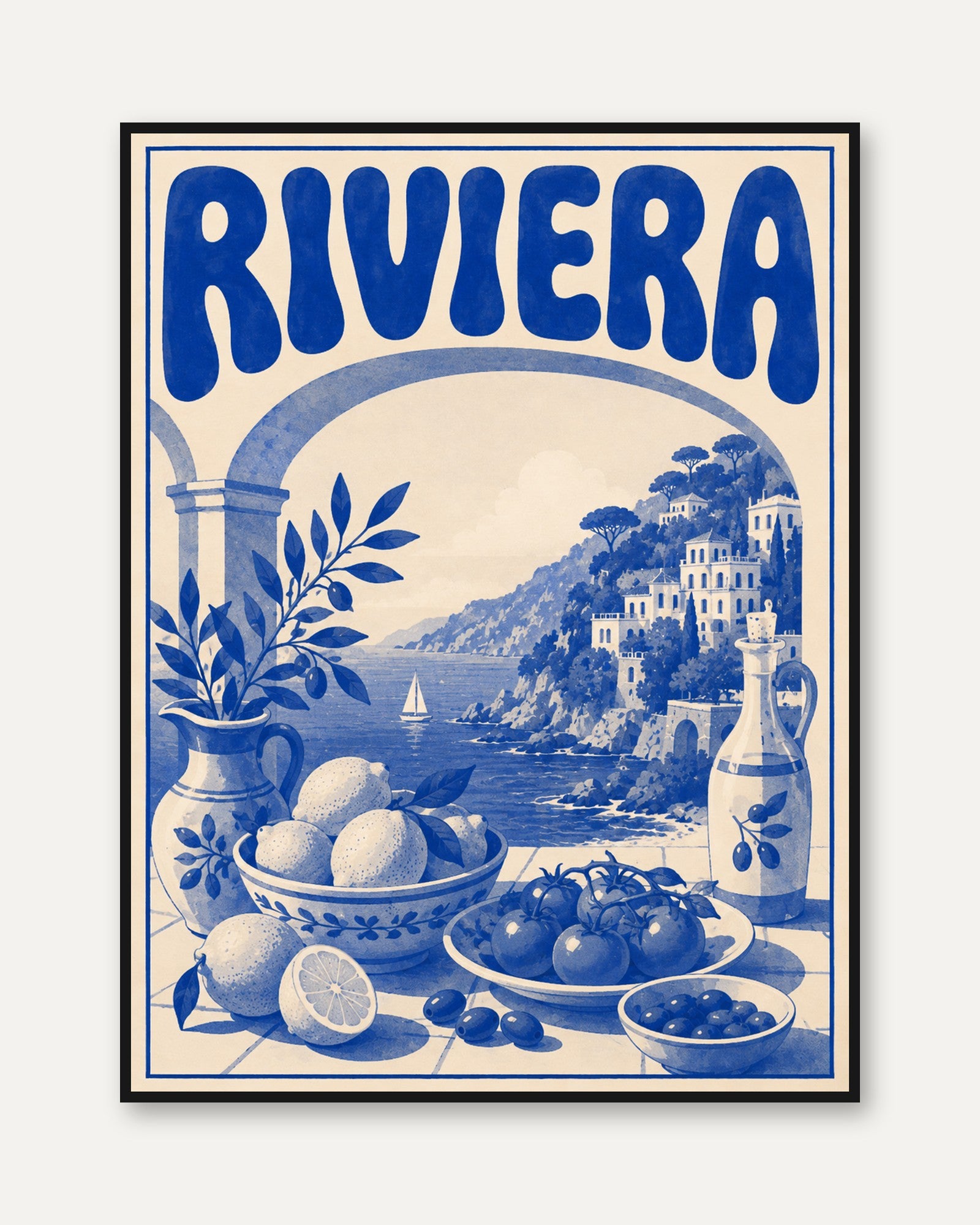 Italian Riviera Wall Art: Vintage Coastal Scene - framed