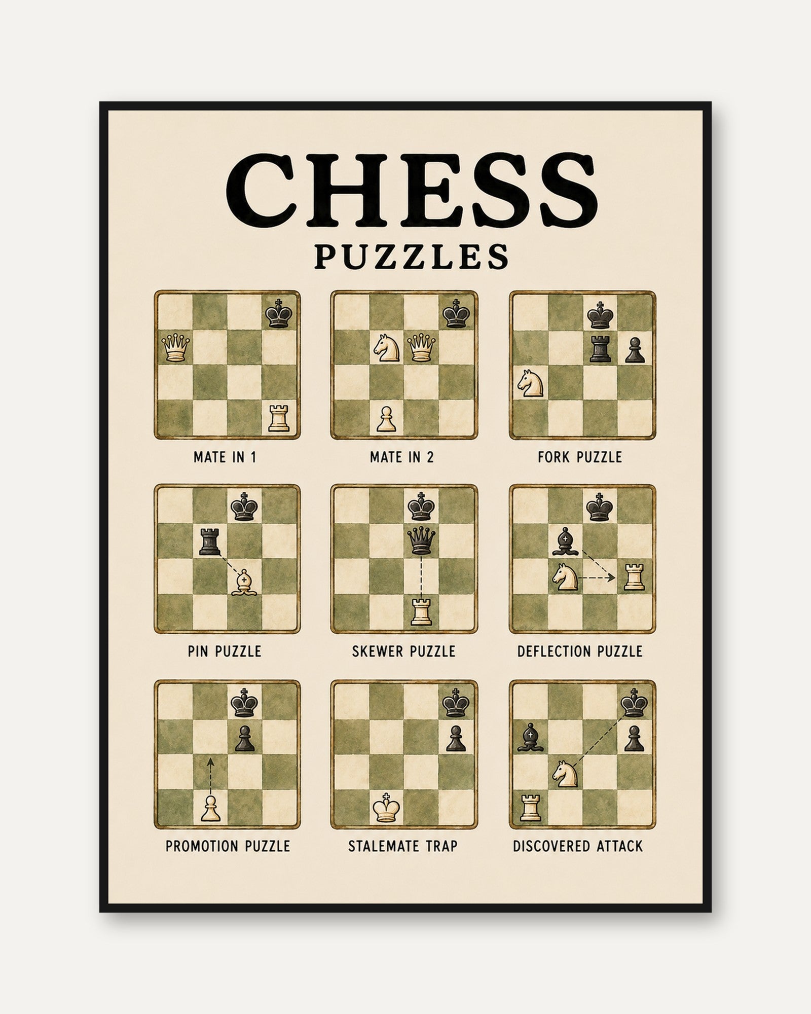 Chess Puzzles Poster: Vintage Educational Game Strategies Print - framed