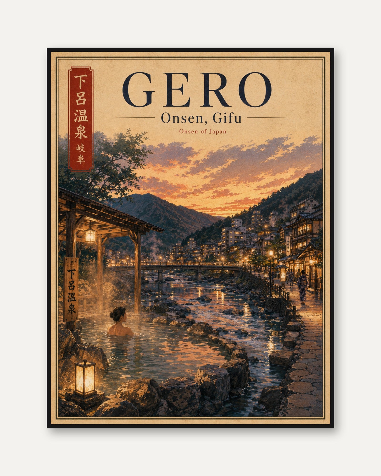 Gero Onsen Hot Spring Poster: Japanese Village Sunset Art Print - framed
