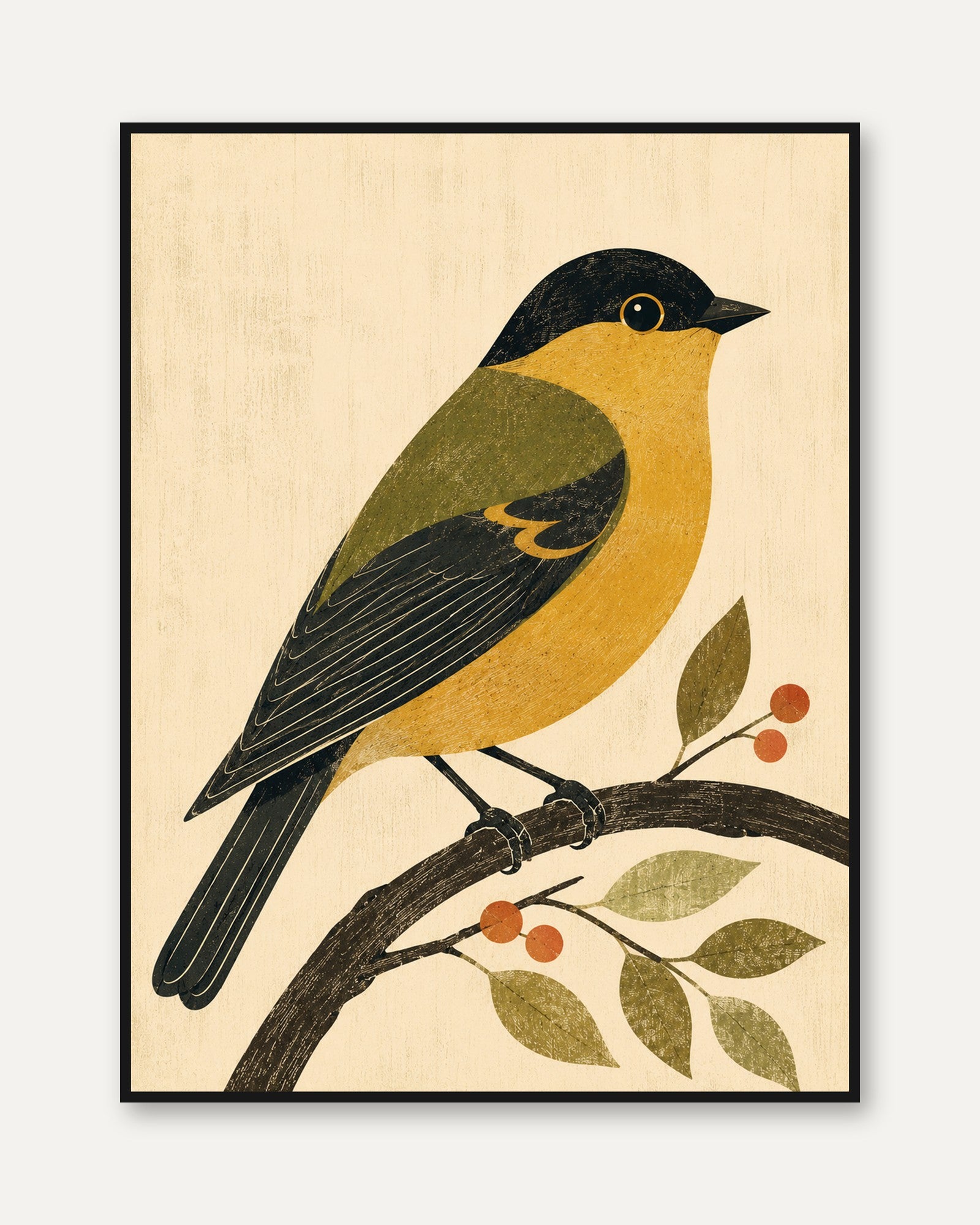 Vintage Bird Print — Folk Art Illustration - framed