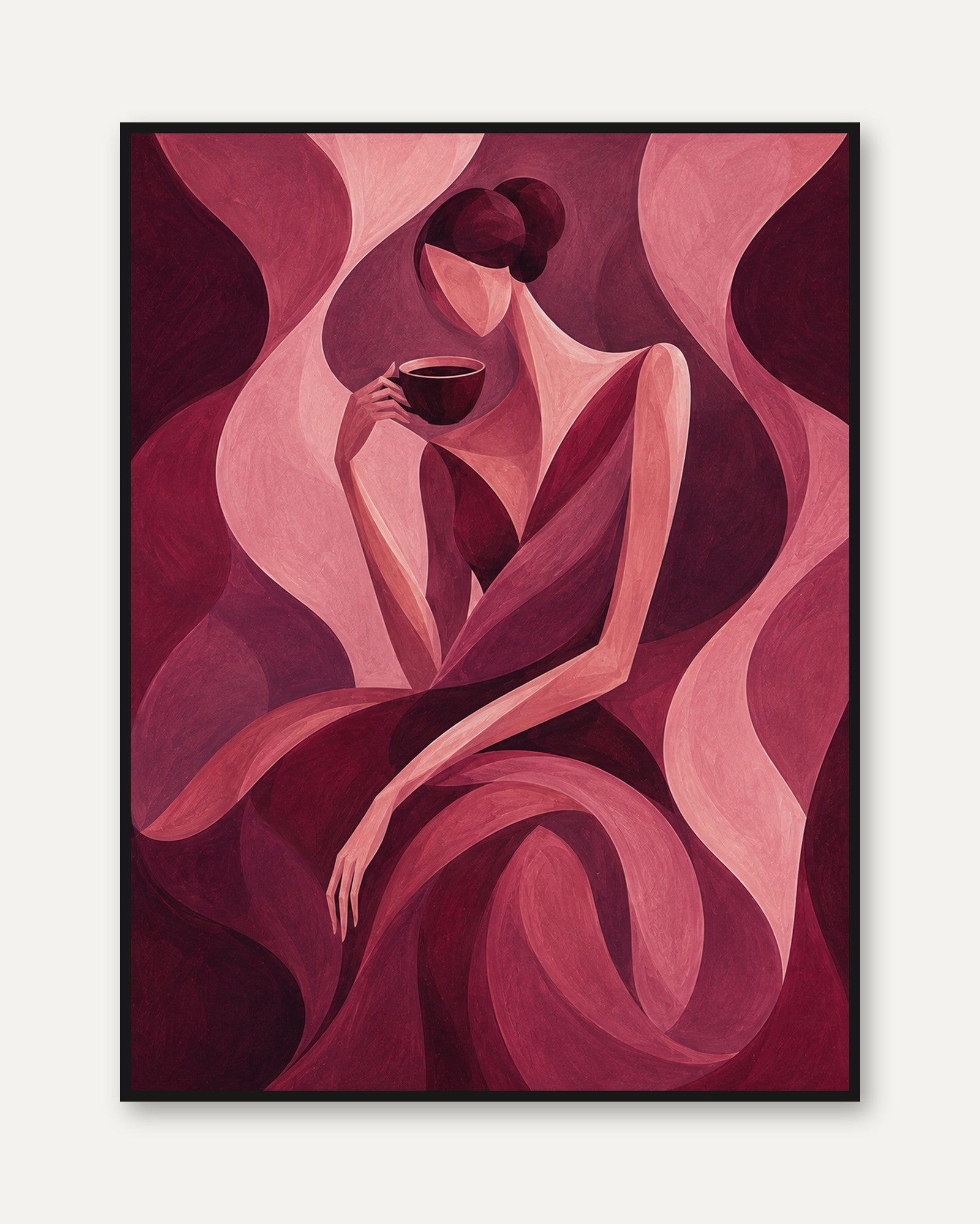 Cubist Woman With Coffee Cup Art Print: Pink Burgundy Abstract - framed