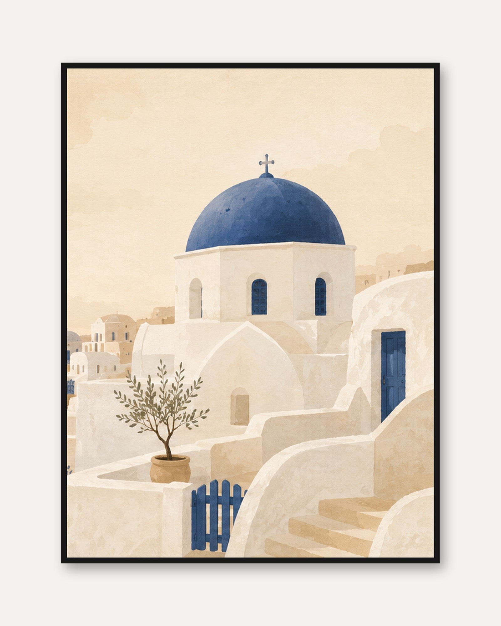 Greek Santorini Church Art Print: Blue Dome Mediterranean Watercolor - framed