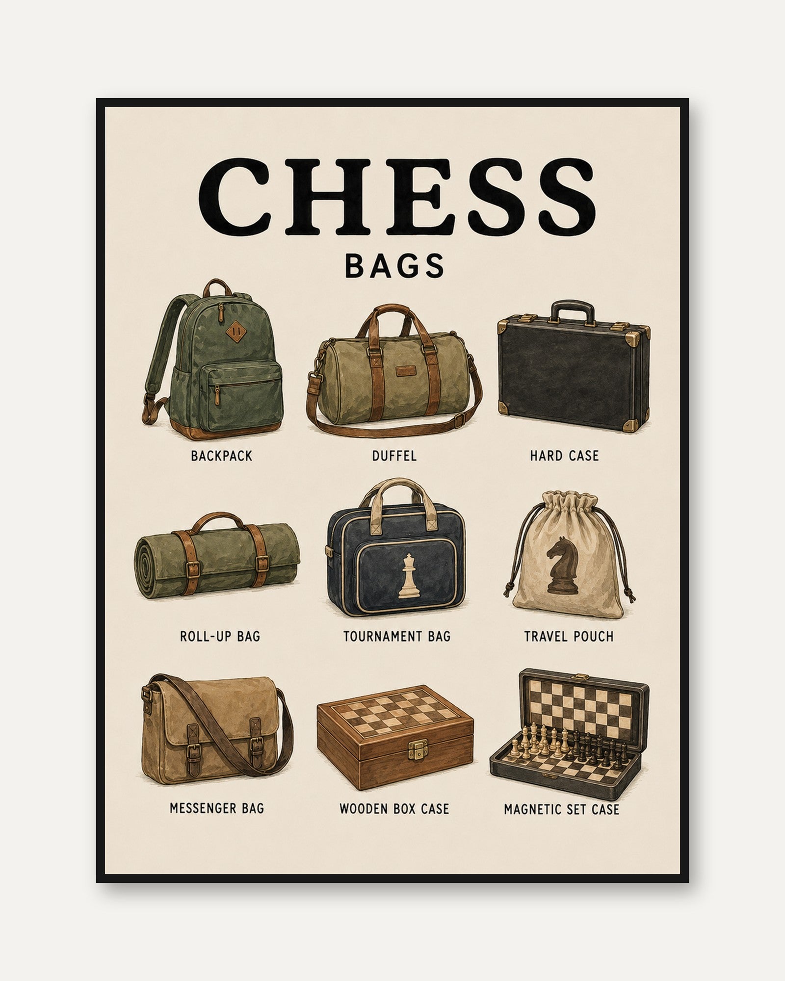 Chess Bags Illustration Print — Vintage Educational Chart - framed