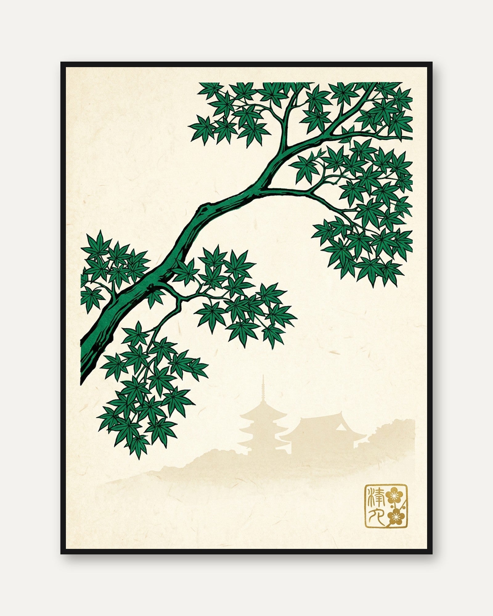 Japanese Maple Branch Art Print: Green Tree with Pagoda Design - framed