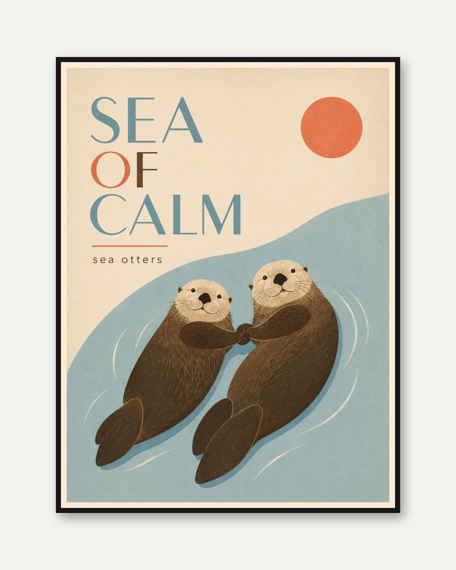 Sea Otters Holding Hands Print: Minimalist Ocean Wildlife Art - framed