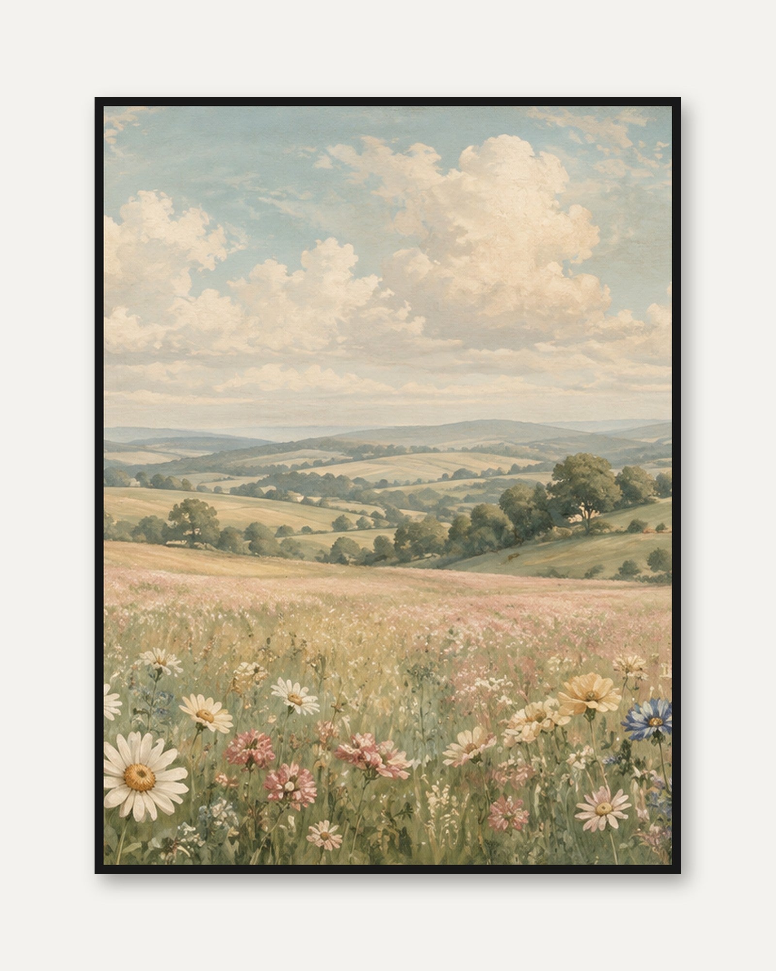 English Countryside Wildflower Meadow: Pastoral Landscape Art Print - framed