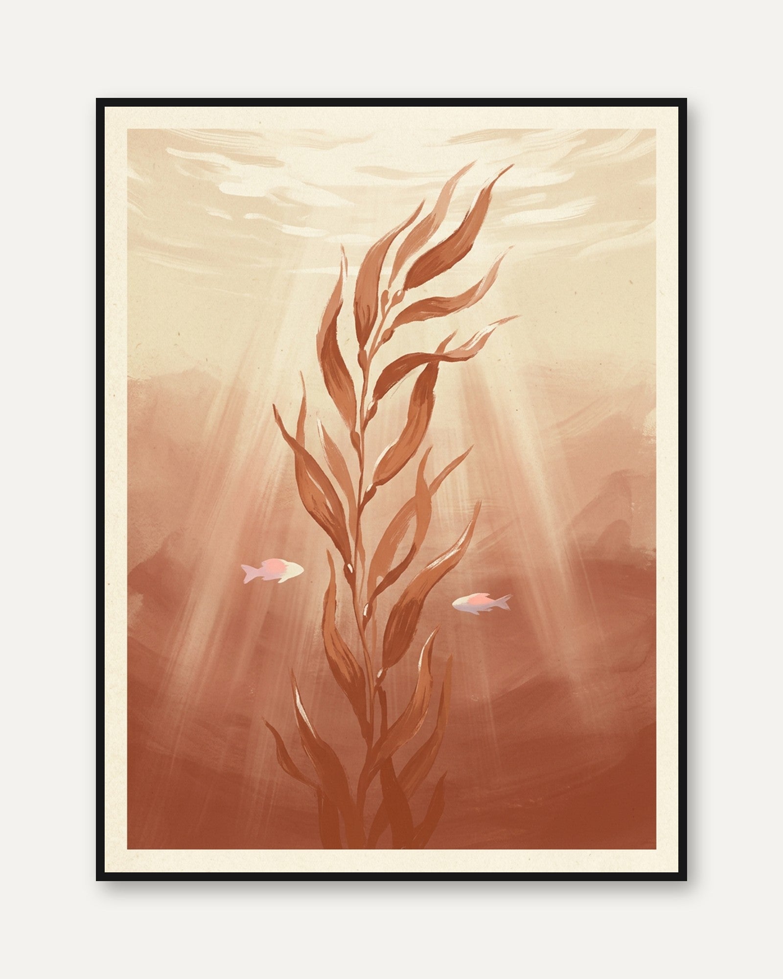 Underwater Seaweed Art Print: Minimalist Coral Ocean Scene - framed