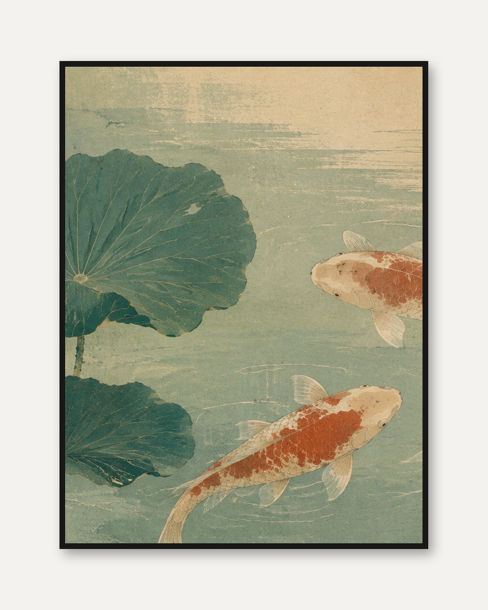 Japanese Koi Fish Print: Vintage Lotus Pond Wall Art - framed