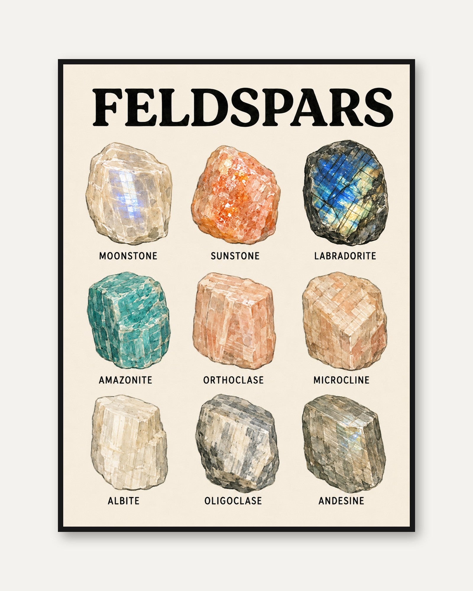 Feldspars Mineral Collection Poster: Geological Watercolor Art - framed