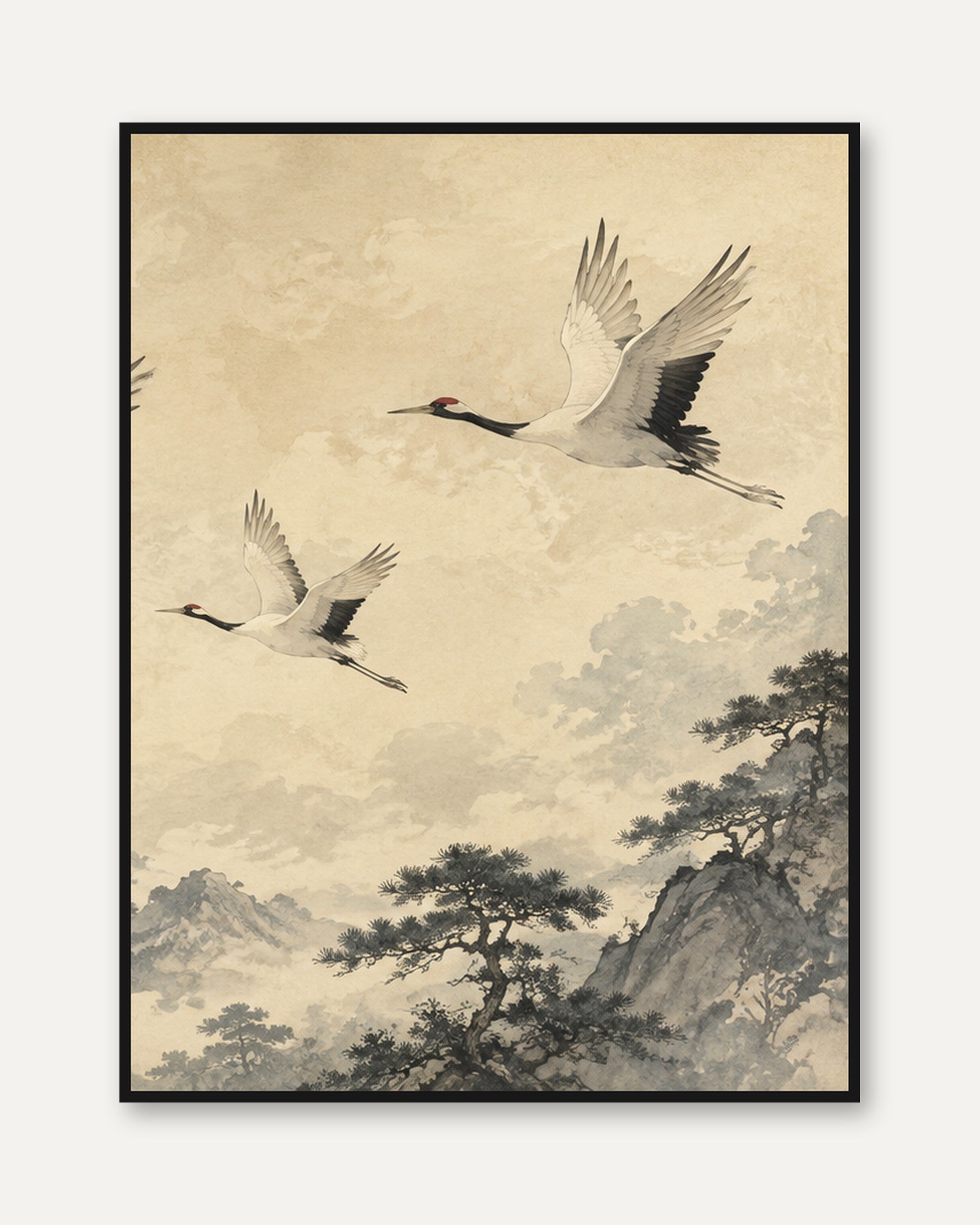 Japanese Cranes in Flight Art Print: Traditional Asian Landscape - framed
