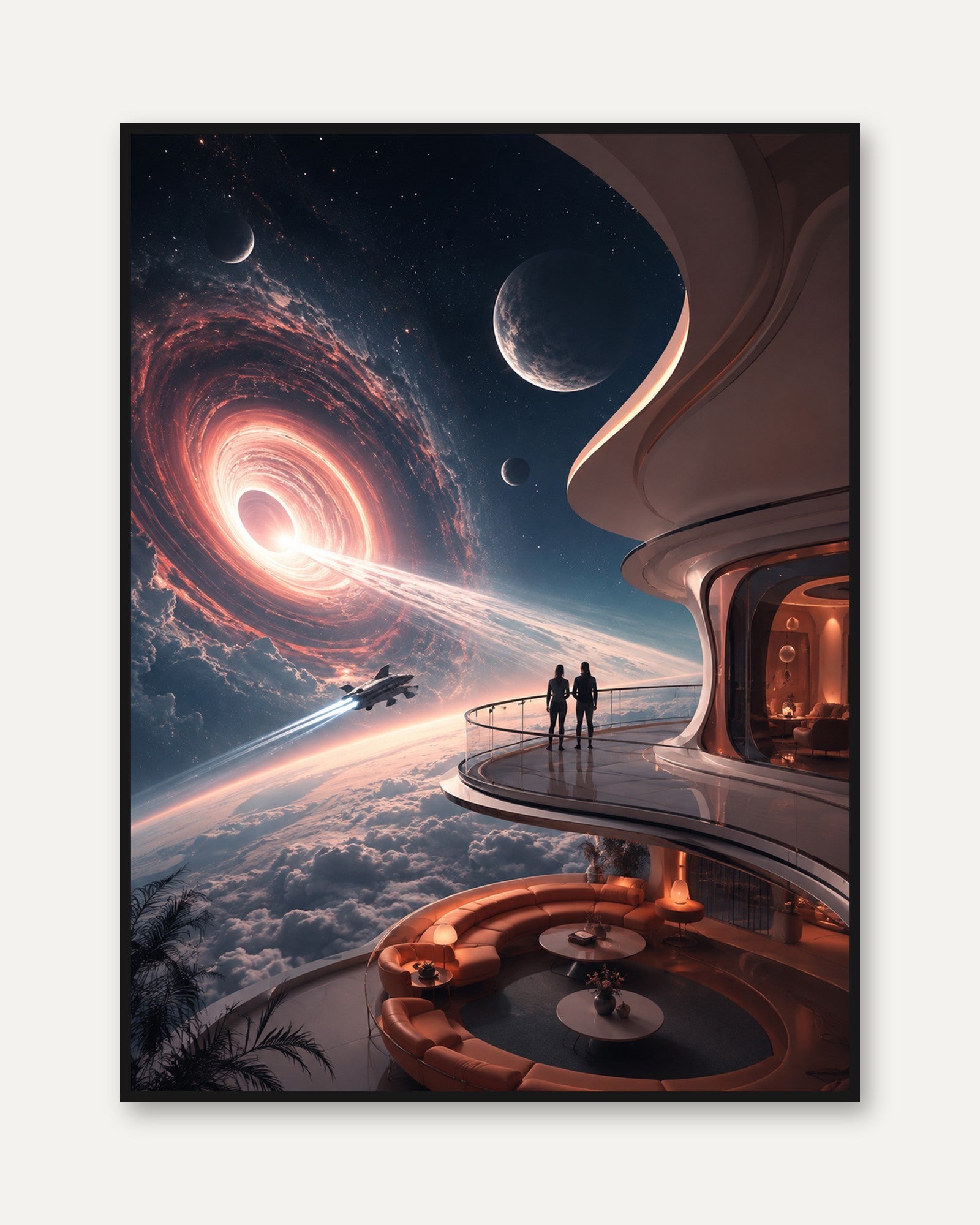 Futuristic Space Observatory Art Print: Spiral Galaxy View - framed