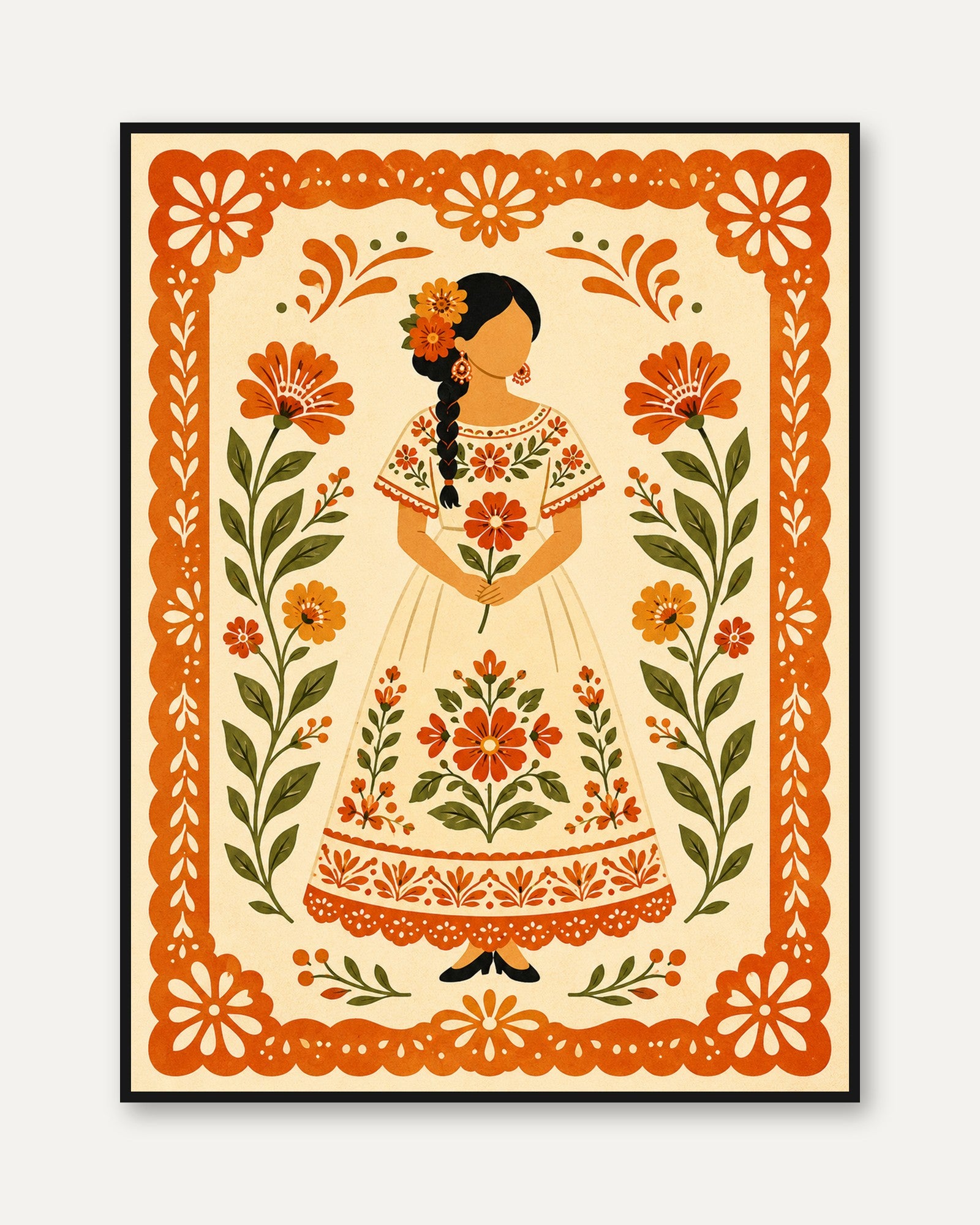 Mexican Folk Art Woman: Orange Floral Embroidered Dress Print - framed