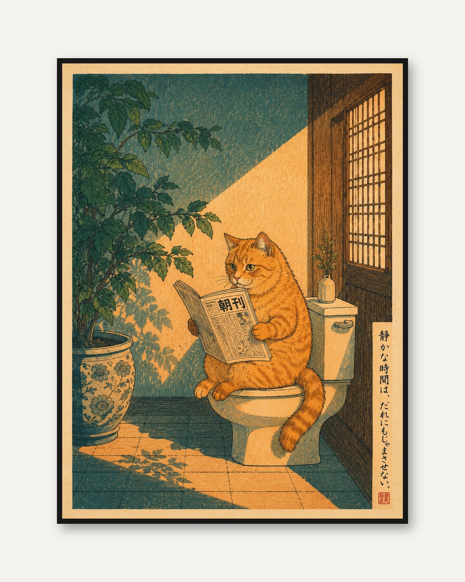 Japanese Cat Reading Newspaper Print - framed
