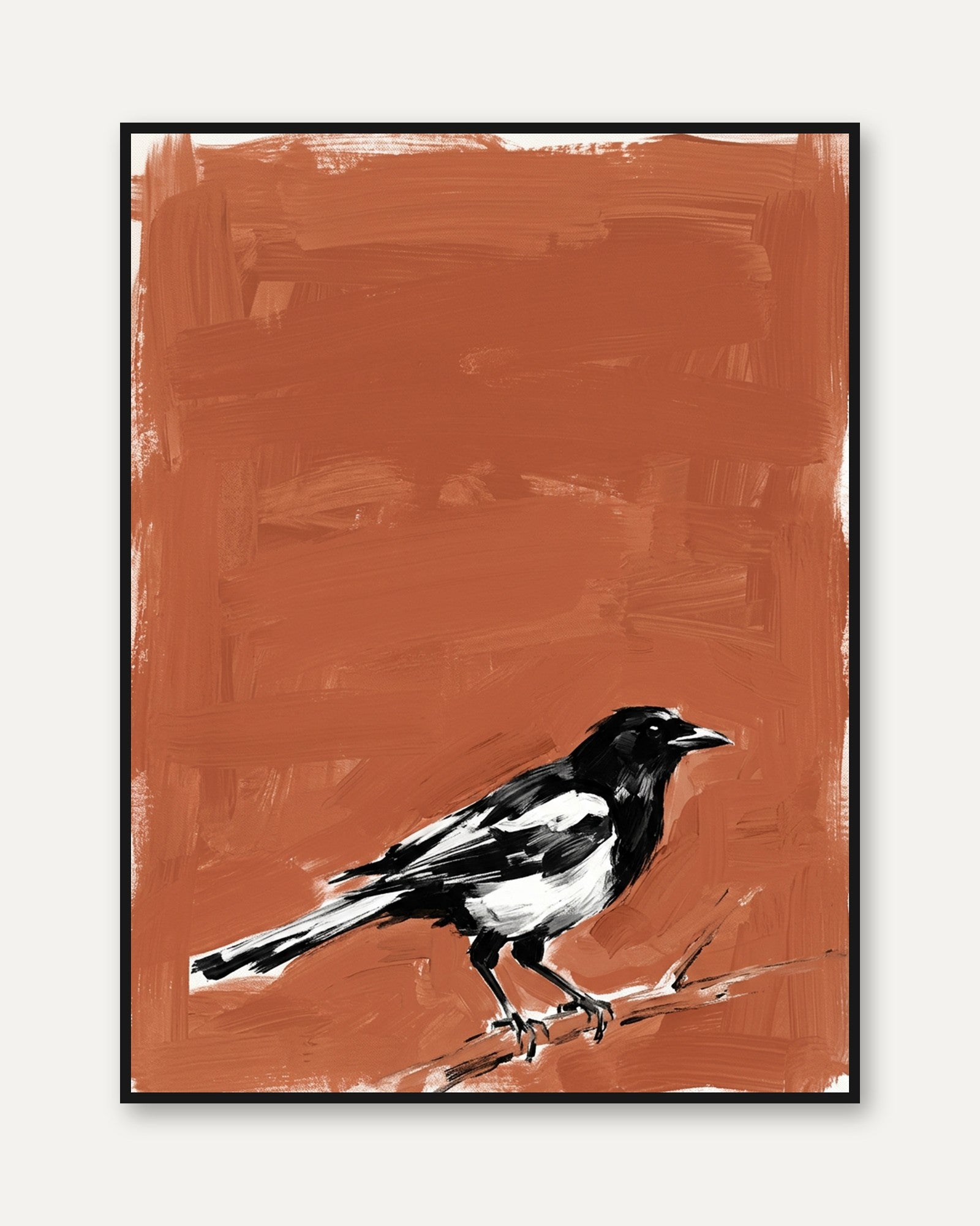 Magpie Bird Art Print: Black and White on Terracotta Background - framed