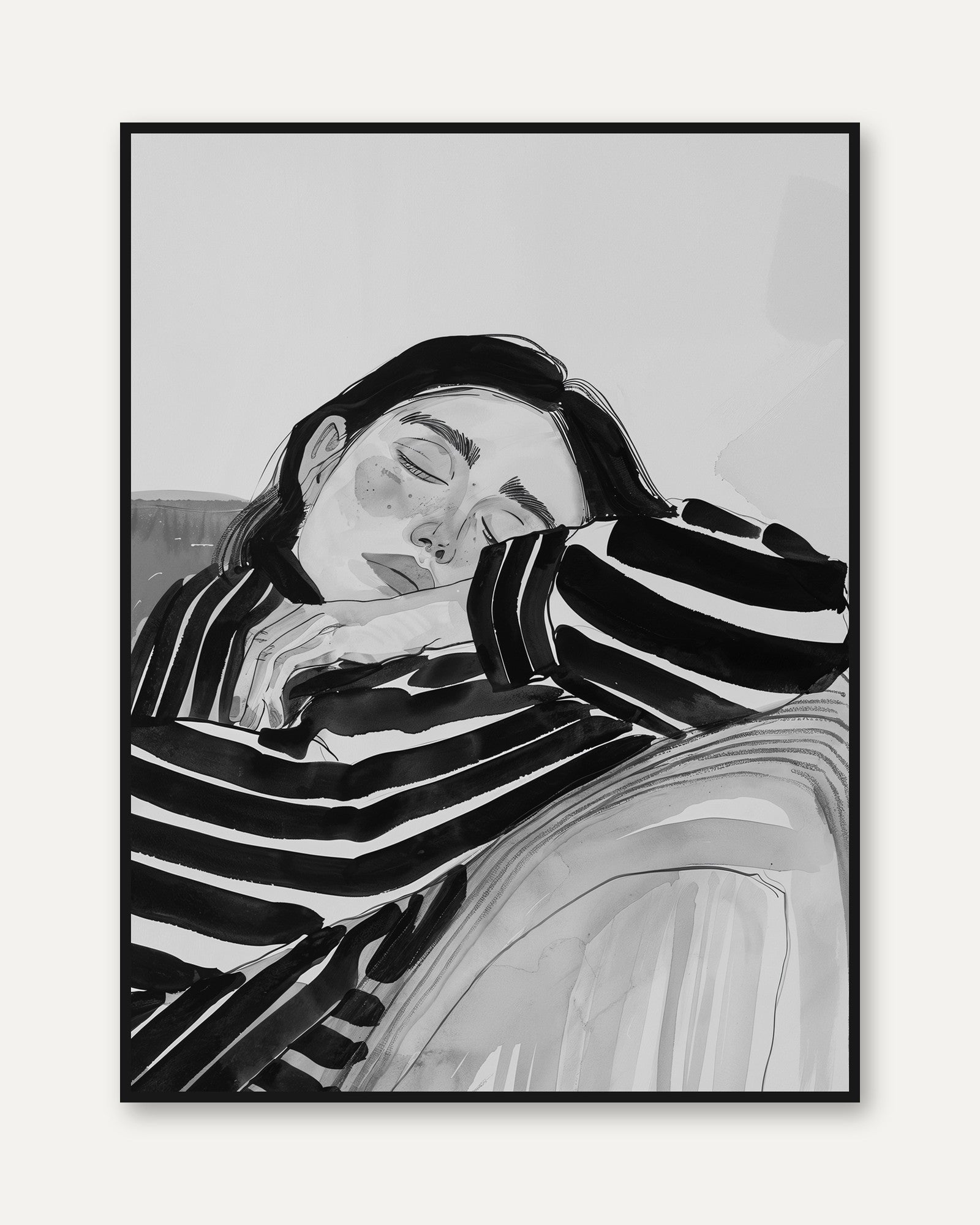 Resting Woman Print: Minimalist Black and White Art (Unframed) - framed