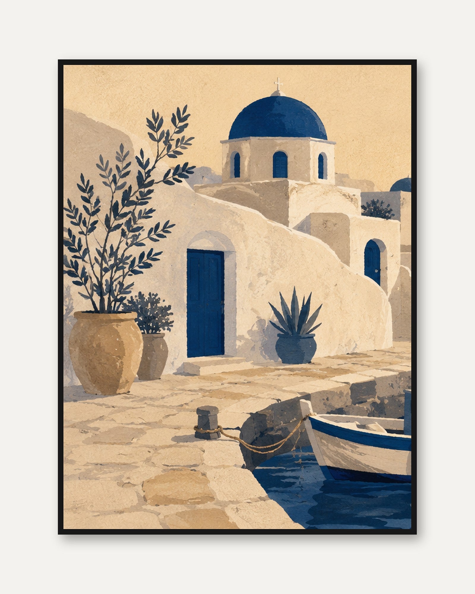 Greek Island Chapel Wall Art: Blue Dome Mediterranean Architecture - framed