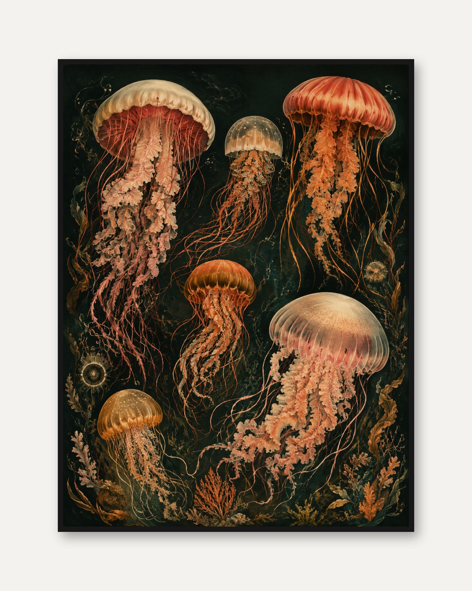 Jellyfish Wall Art – Vintage Ocean Print - framed
