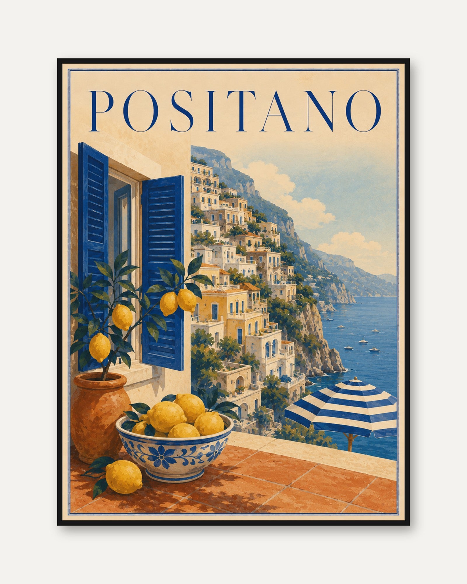 Positano Travel Poster – Vintage Italian Coast - framed