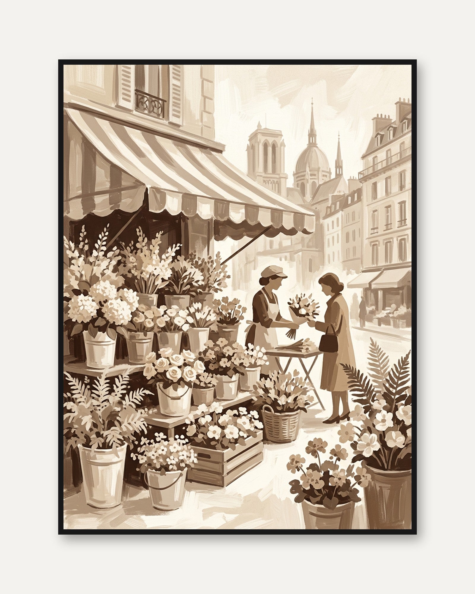 Vintage Paris Flower Market Print — Sepia Parisian Street Scene - framed