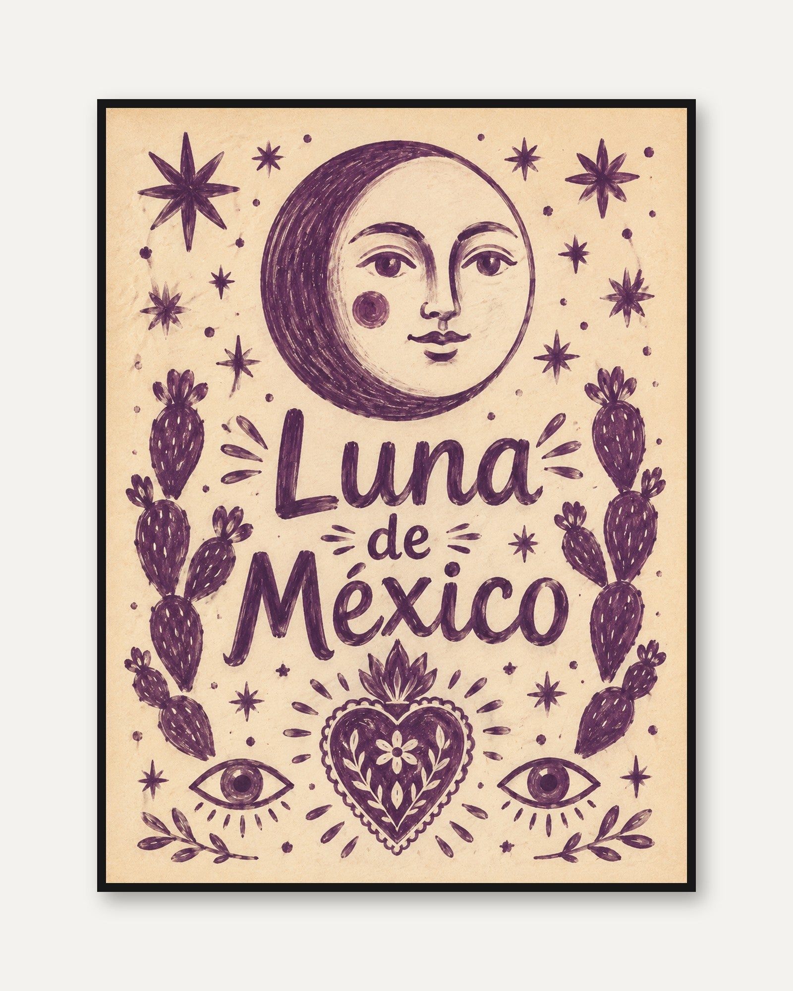 Luna De Mexico Folk Art Print: Purple Mexican Moon Poster - framed