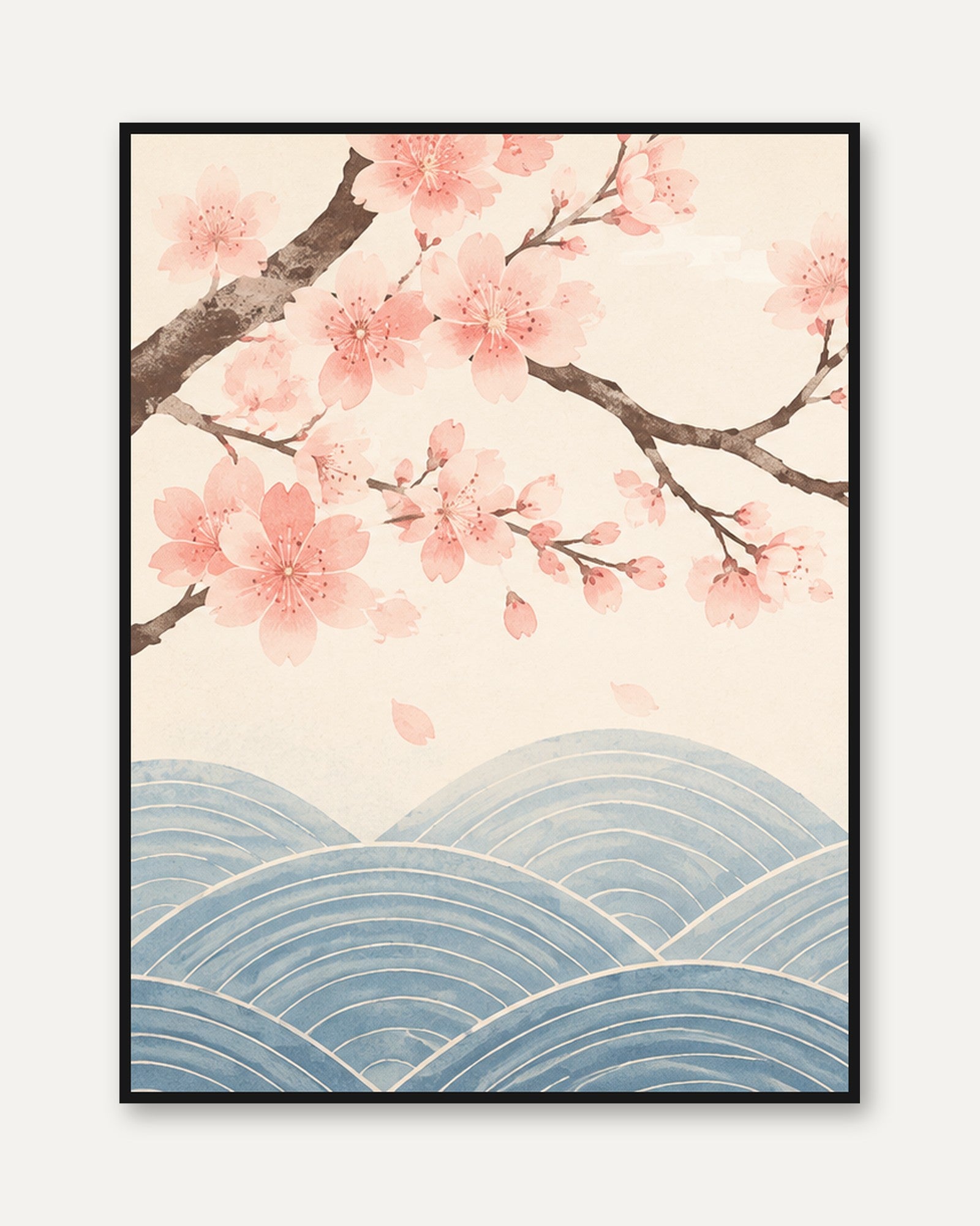 Cherry Blossom Branch Art Print: Japanese Wave Pattern Design - framed