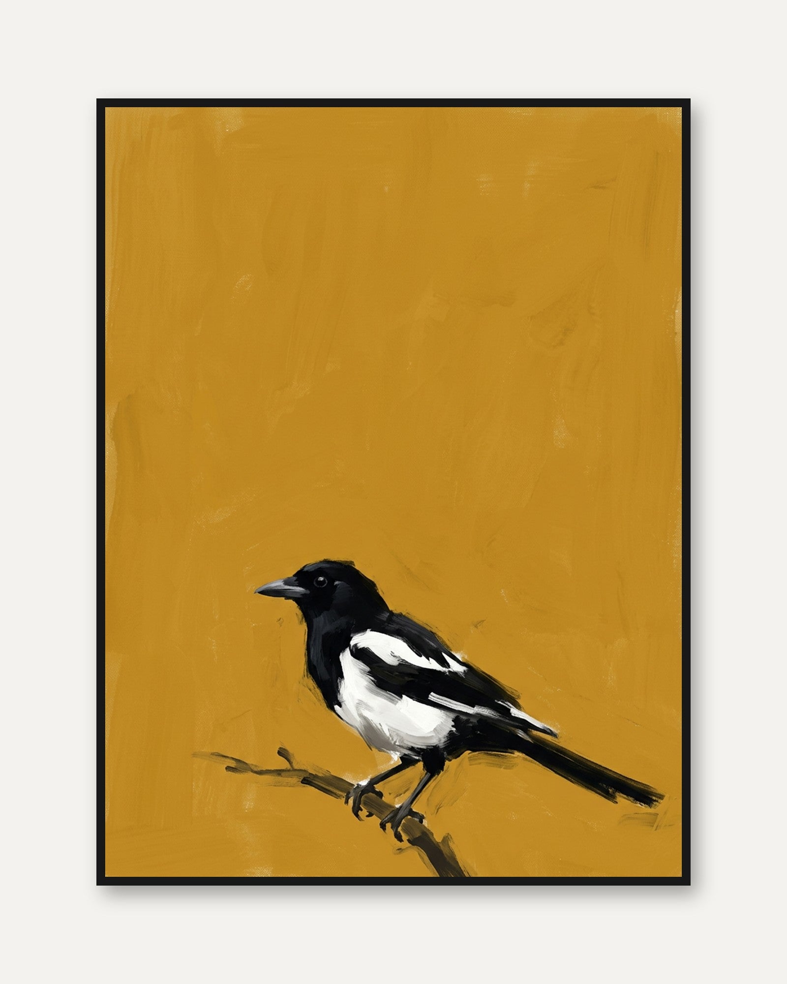 Magpie Bird Art Print – Black White Mustard Yellow Modern Farmhouse - framed