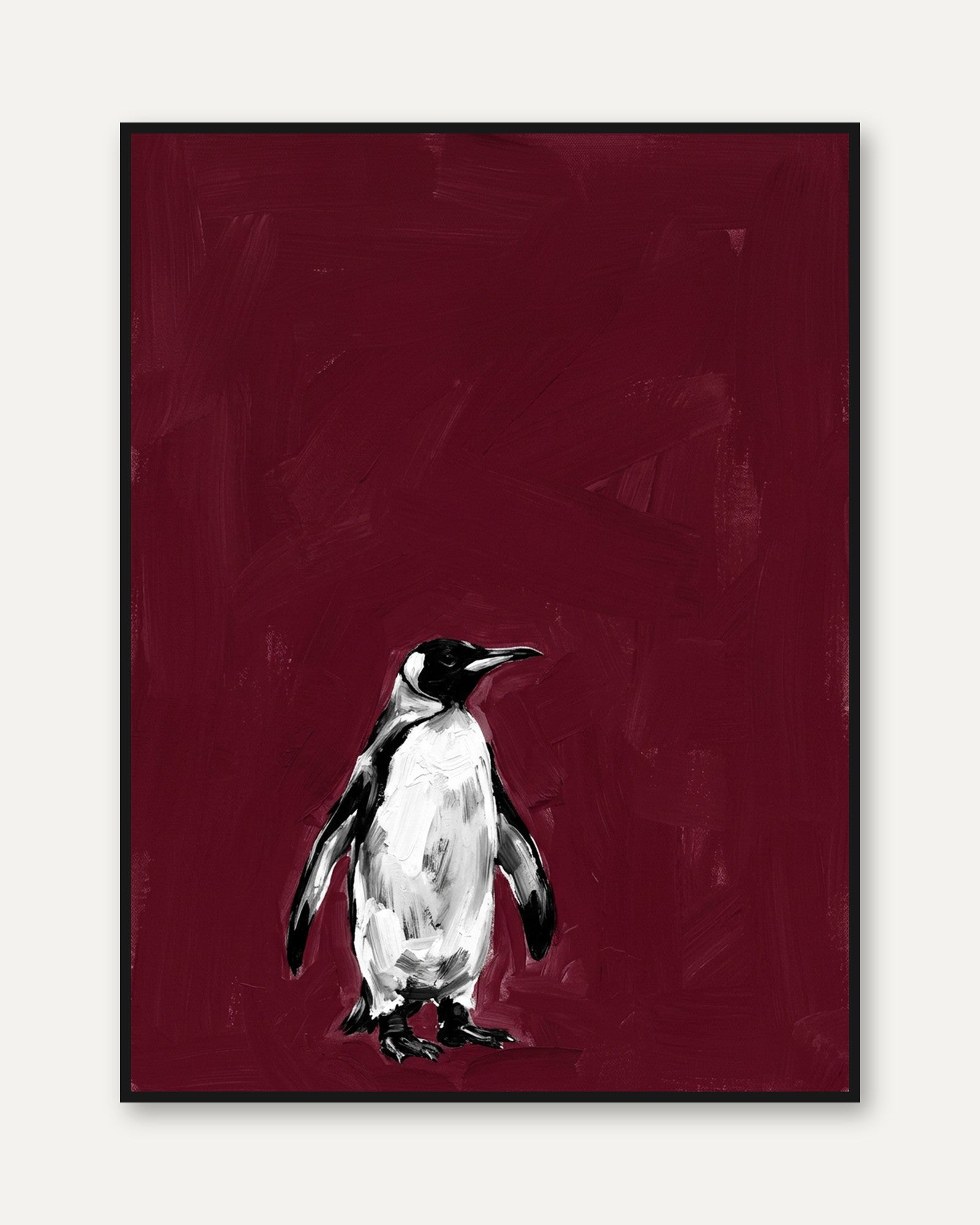 Penguin Portrait on Deep Red: Contemporary Wildlife Art Print - framed