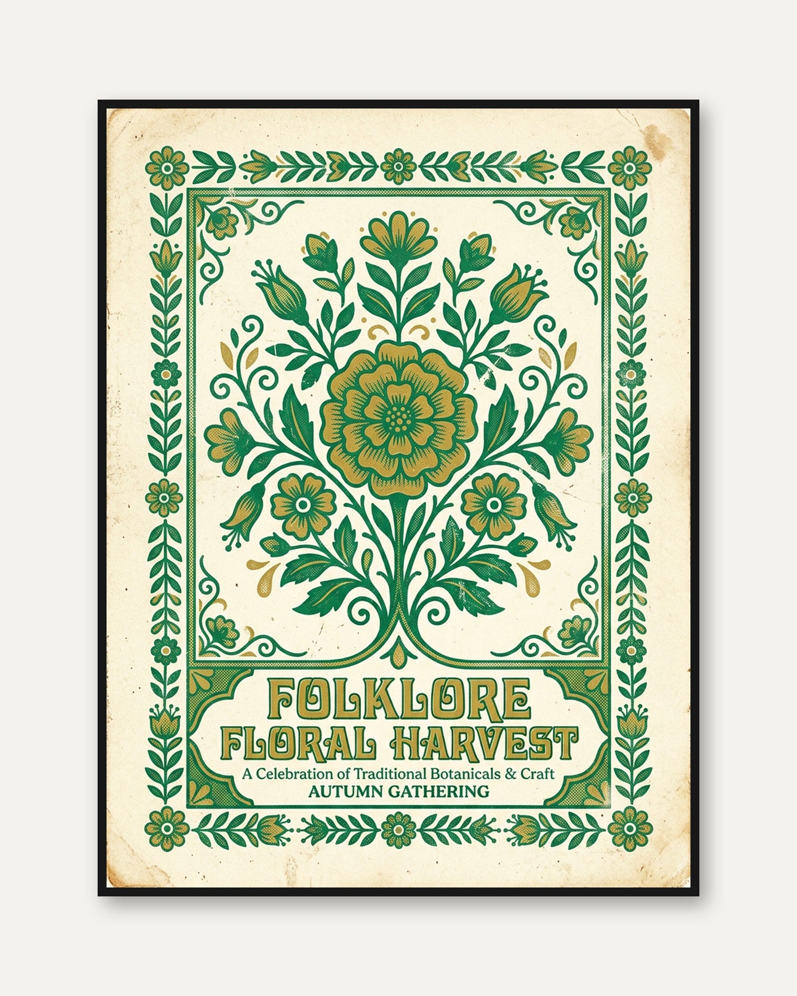 Folk Art Botanical Print: Green and Gold Floral Harvest Design - framed