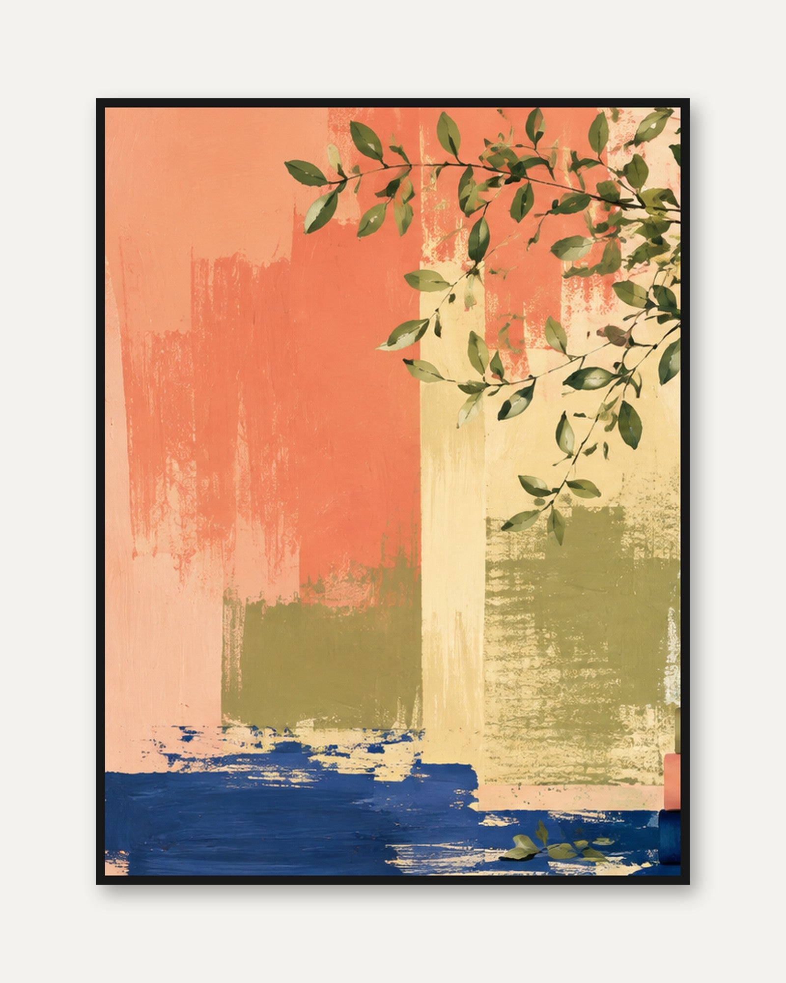 Botanical Branch Wall Art: Abstract Coral and Blue Brushstroke Print - framed