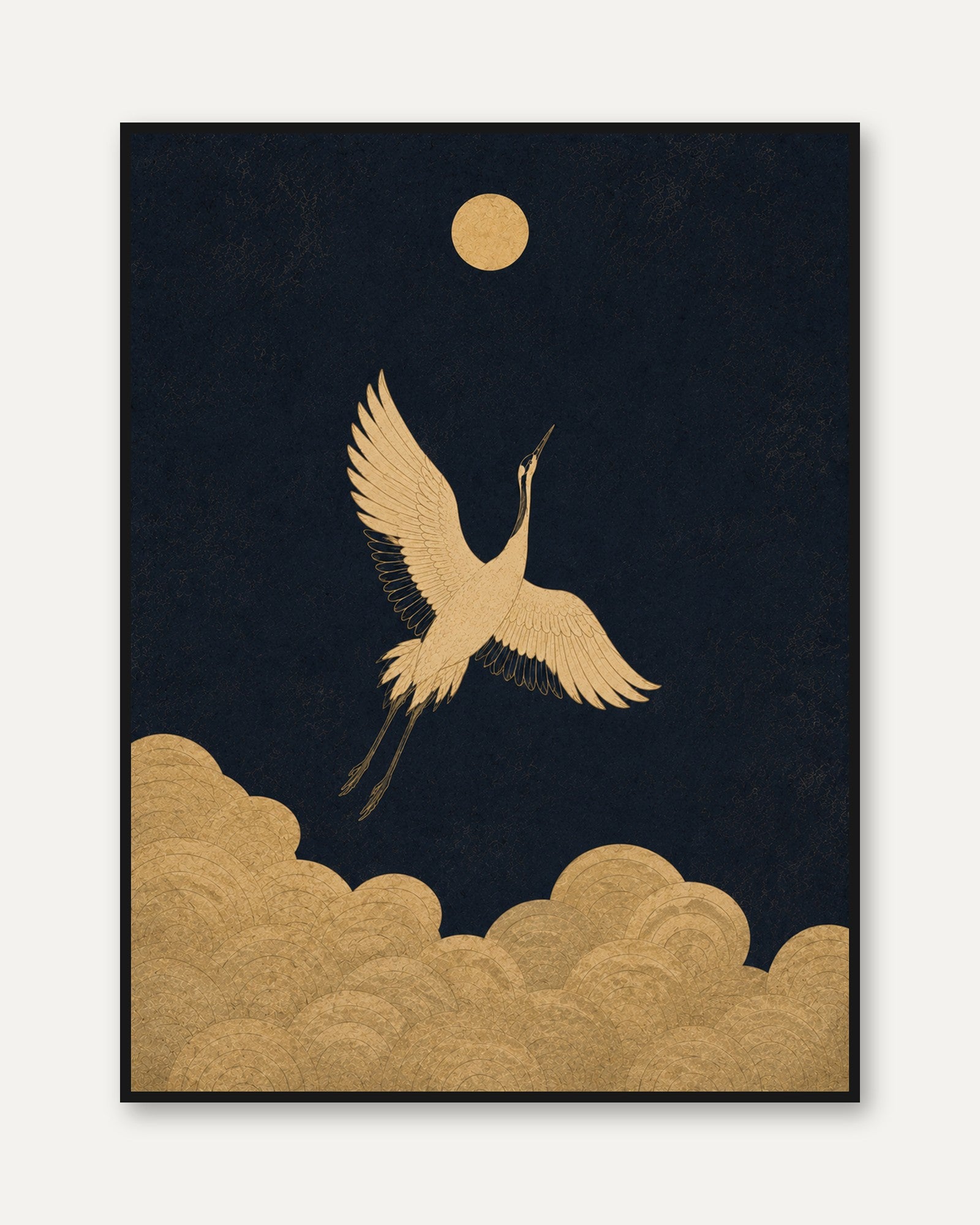 Crane Wall Art: Japanese Inspired Gold and Navy - framed